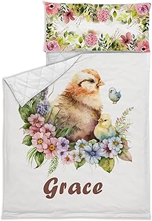 Customized Cute Chick Toddler Nap Mat with Pillow Case and Blanket Quilt, Personalized Name Sleeping Bag for Preschool Daycare, Super Soft & Cozy Nap Mats for Kids Girls, Quilted Nap Mat