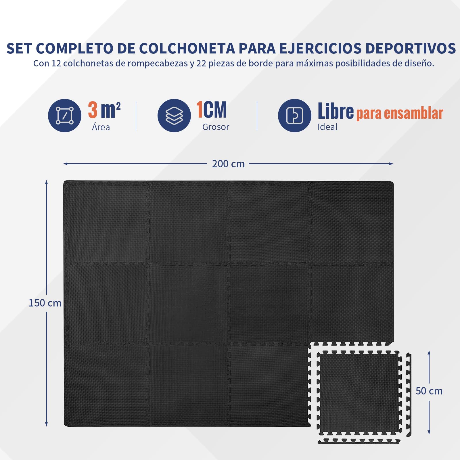 Esterilla Fitness Puzzle 50x50 cm 12 Piezas 3㎡ EVA para Suelo de Gimnasio