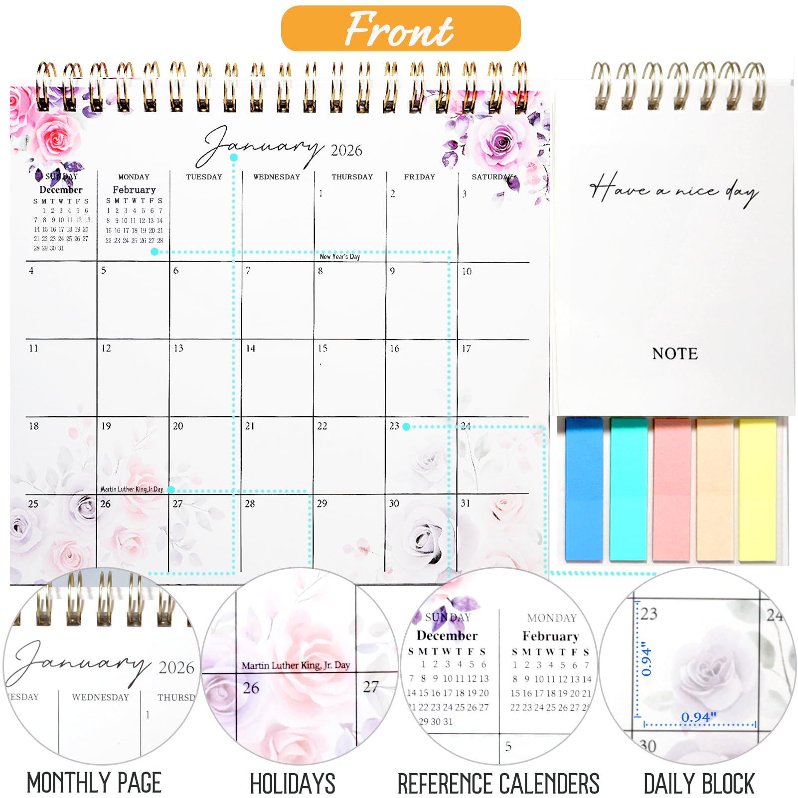 Kleiner Tischkalender 2026, stehender Schreibtischkalender 12 Monate (Jan. 2026 – Dez. 2026), 2-in-1-Klappkalender mit Haftnotizen und Memo-Seiten, 22,9 x 25,4 cm, dickes Papier, Blumenkalender für