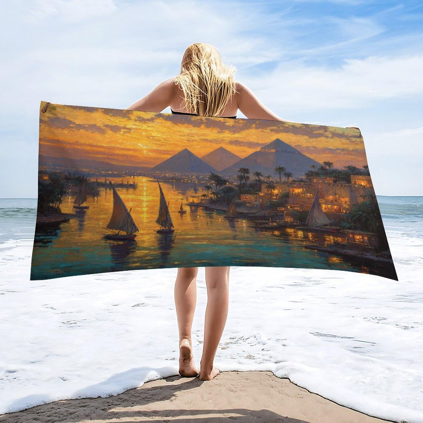 Luyysky Colorful Fantasy Egyptian Pyramid Quick-Drying Beach Towel, Retro Watercolor Sunset Lanscape Tropical Plant Palm Trees Travel Vacation Single Sided Pile Bathroom Towels-80 W Cm X 160" L Cm