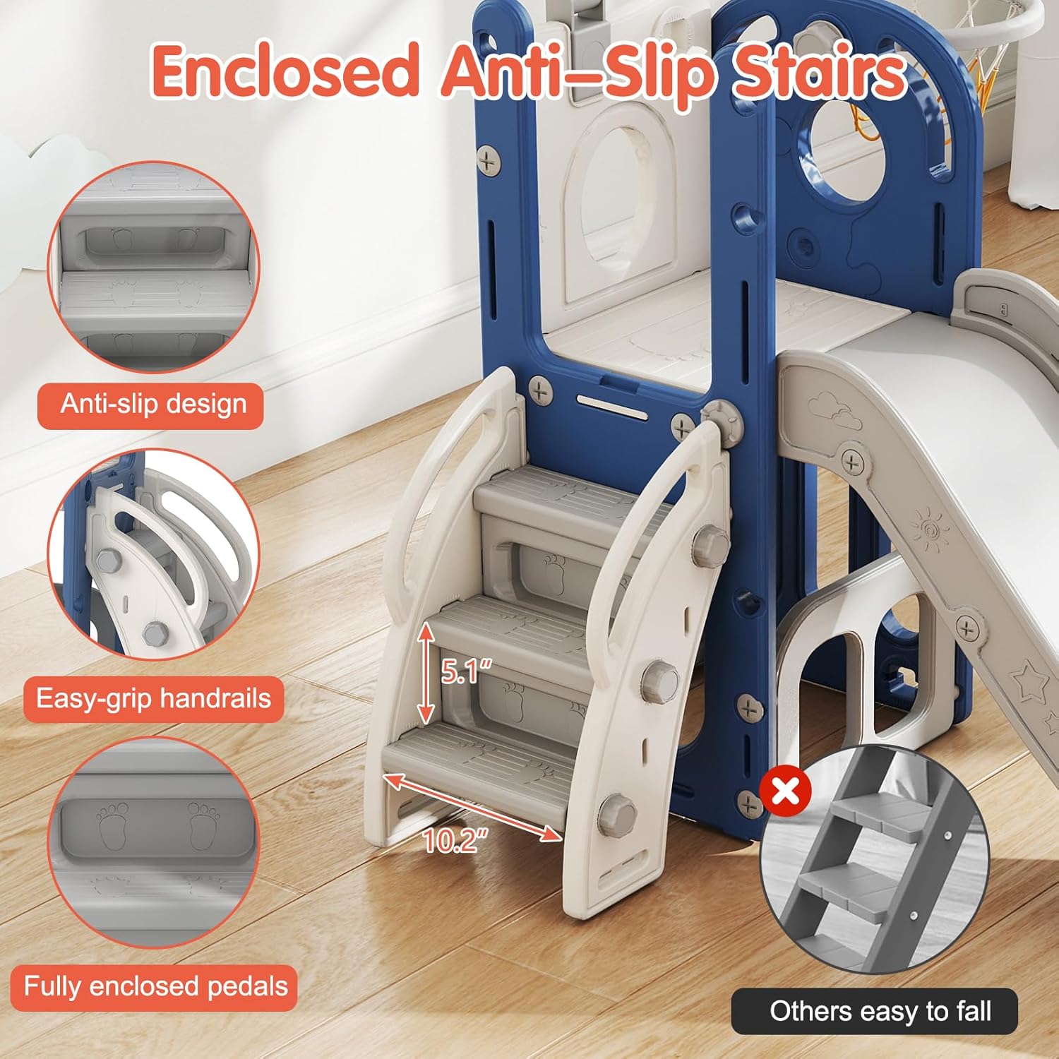 6 in 1 Indoor Slide for Toddler 1-3 Age - Freestanding Baby Slide, Outdoor Playground Kids Slider, Toddler Playset with Climber Slider, Basketball Hoop, Telescope, Storage Area and Hiding, White&Blue