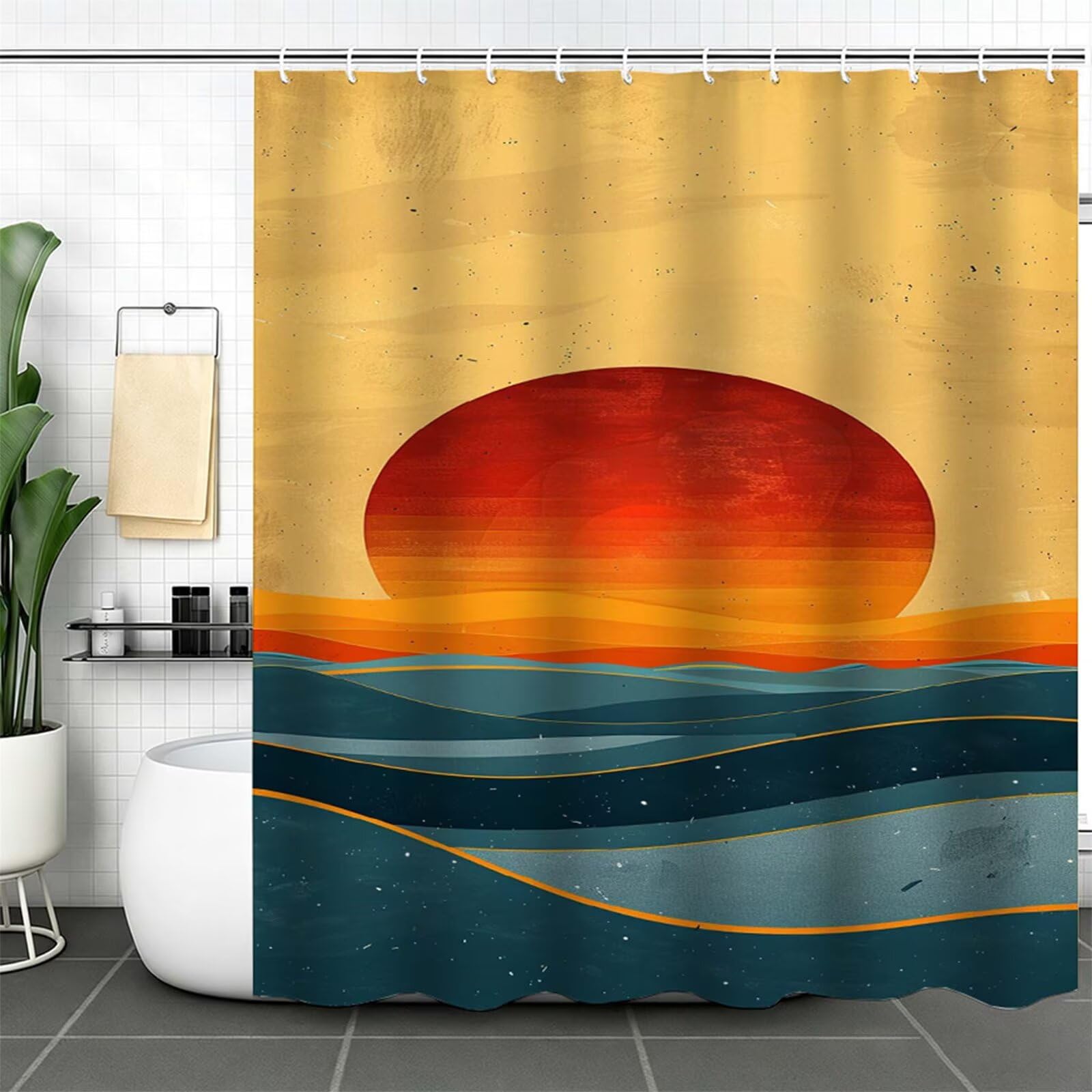 arancione Tenda Doccia 180x180cm,Tenda per Doccia Tessuto Poliestere Impermeabile Asciugatura Rapida 12 Anelli,Tende Finestra Bagno e Vasca Pieghevole per Angolare Casa Shower Curtain Tramonto J-328