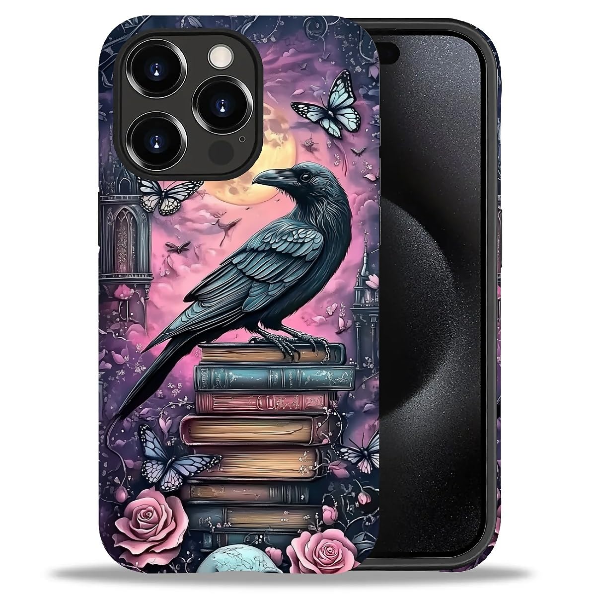 CARLOCA Case for iPhone 15 Pro,Gothic Purple Bookshelf Crow Soft TPU + Hard PC 2-in-1,Shockproof Anti-Scratch Protective Case Compatible with iPhone