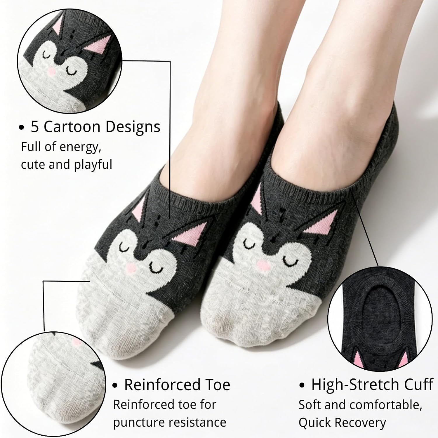 Womens No Show Socks Cute Cotton Low Cut Gifts for Women 5 Pairs | Invisible Liner Socks for Flats Loafers Sneakers, Silicone Non-Slip Grip, Novelty Fun Animal Patterned, Breathable Soft