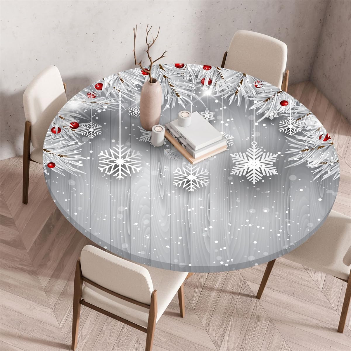 RUILBJ Round Tablecloth with Elasticated Edges Christmas Style Theme Tablecloths Coffee Table Cover Waterproof Oil-Proof Reusable Tablecloths for Dining Bistro Outdoor Garden (White,90cm)