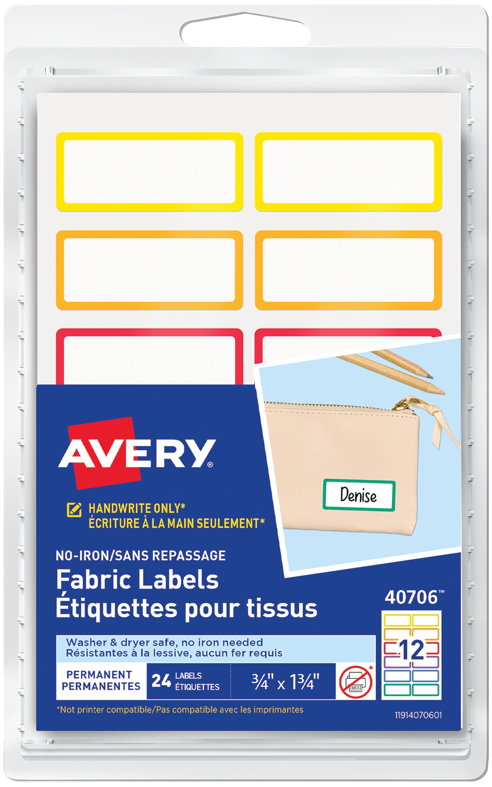 Avery No-Iron Fabric Name Labels, Rainbow Borders Preprinted Designs, Handwrite-Only, 24 Preprinted Labels (40706)