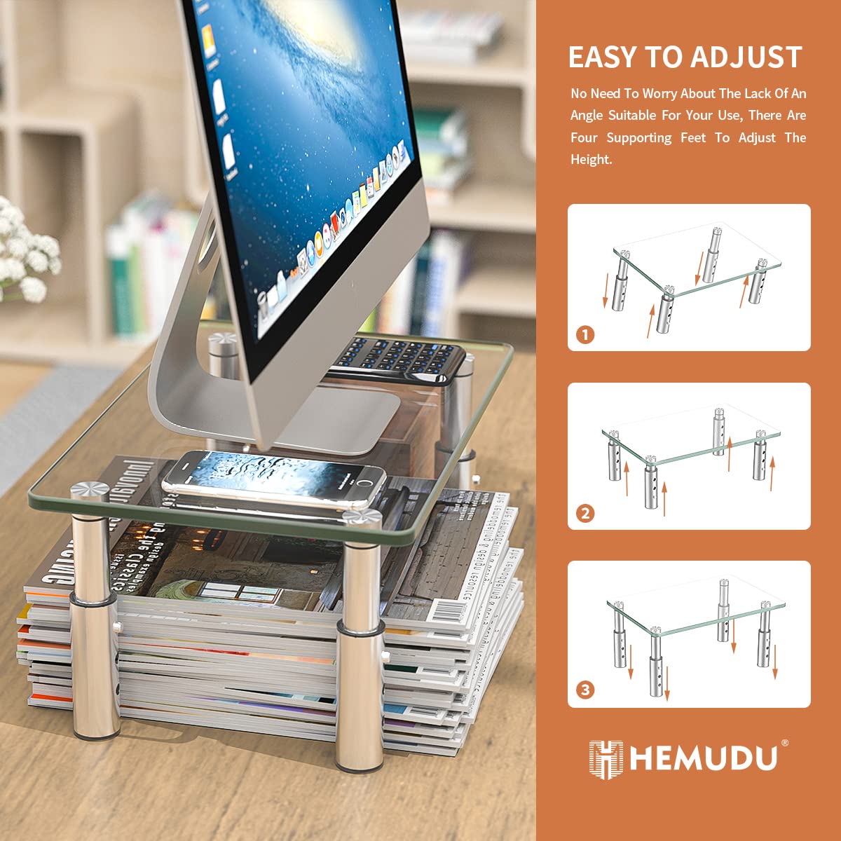 Elevador de soporte para monitor, elevador de 3 alturas ajustables para laptop, soporte elevador para monitor para PC, computadora, portátil, transparente 8