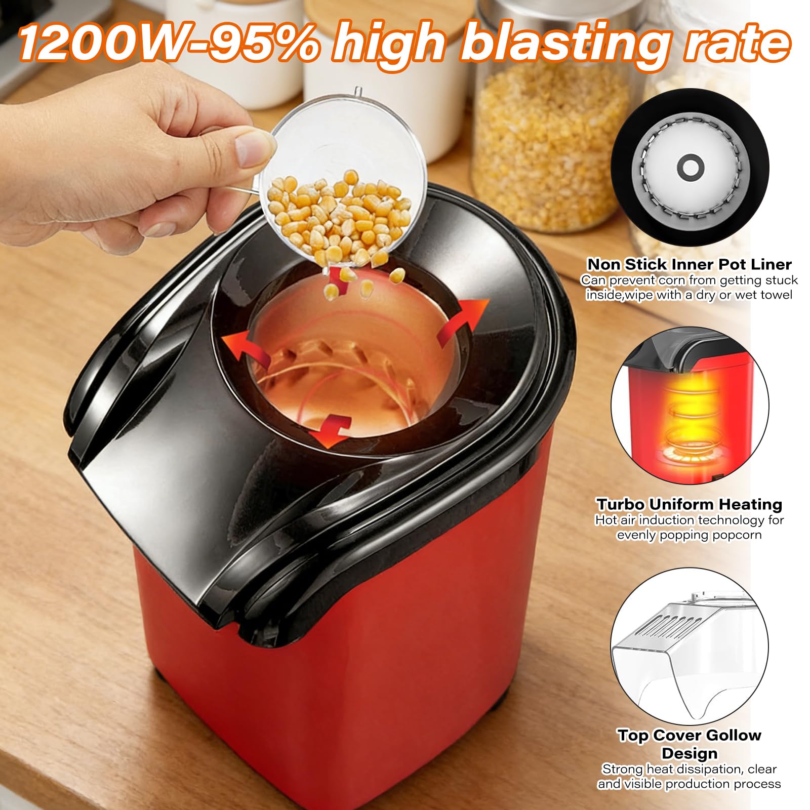 Macchina per popcorn 1200 W ad aria calda popcorn Maker, popcorn maker, popcorn senza olio, 3 minuti veloci per home theater, serate cinema, feste, Natale, funzionamento one-touch, senza Bpa