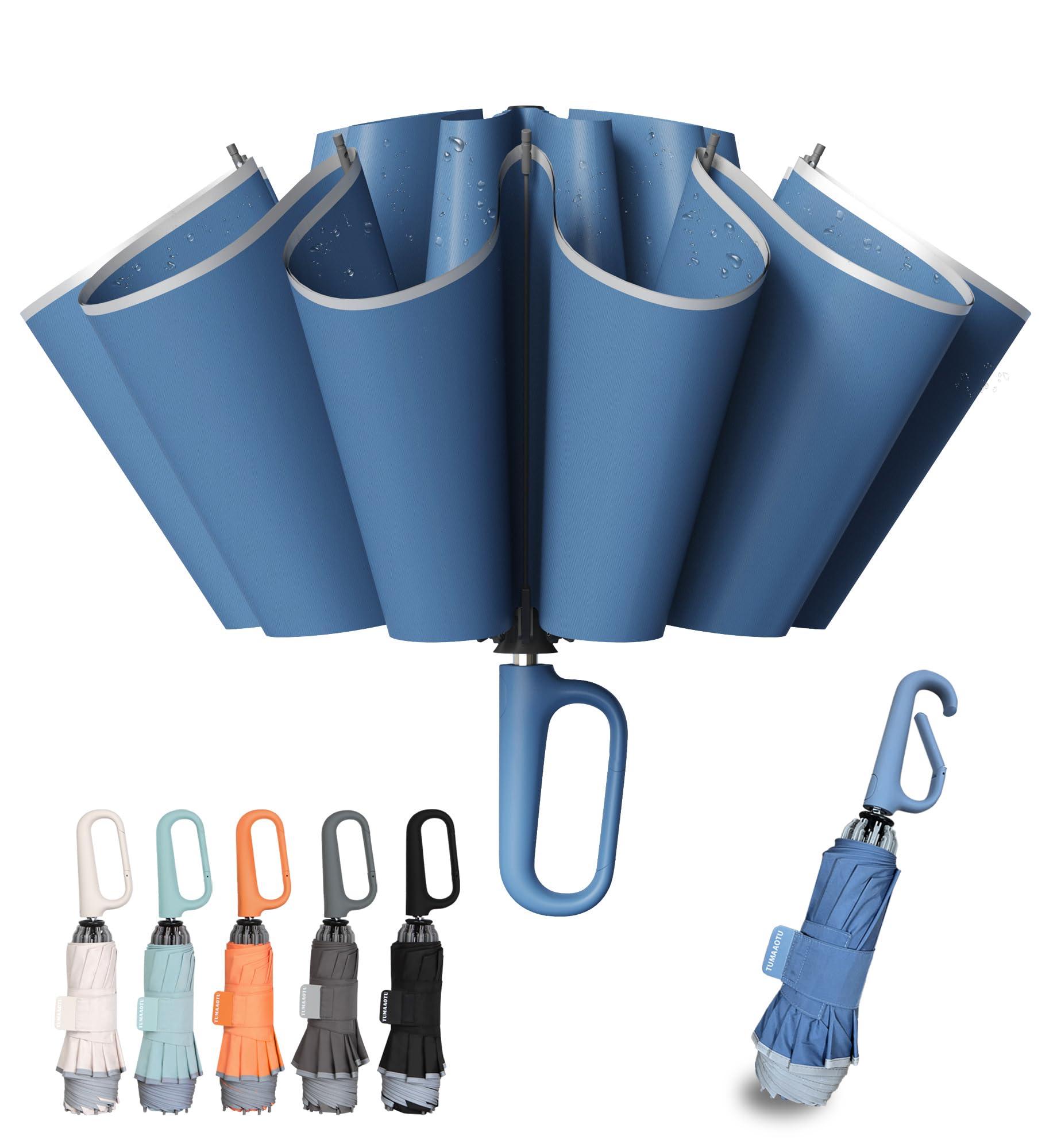 TUMAAOTU Compact Inverted Umbrella with Never Forget Carabiner Handle - Travel Umbrella Windproof Strong, Automatic Umbrellas for wind rain, Auto Open Close, 10 Rib Durable Frame for Women Men (Blue)