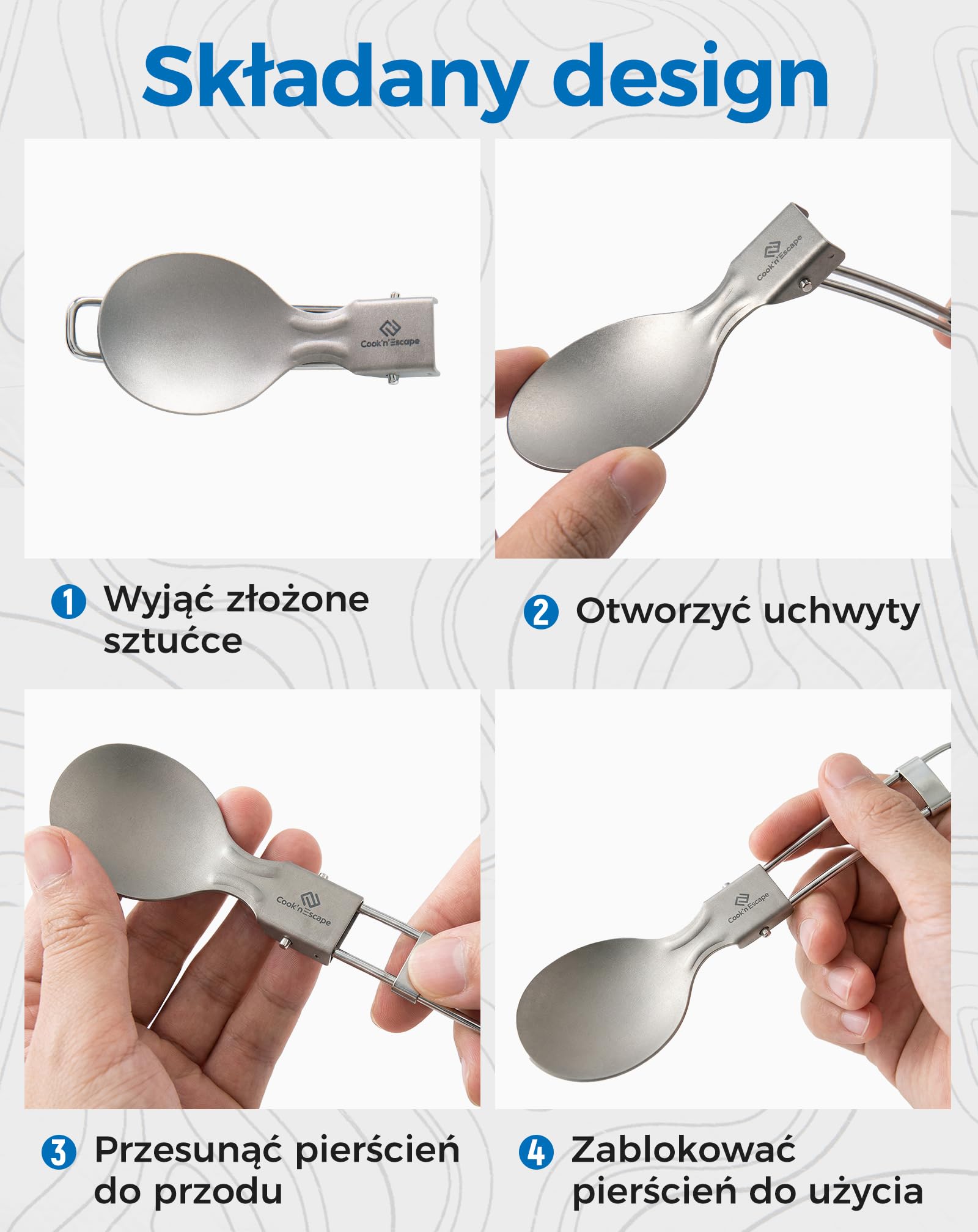 COOK'N'ESCAPE Tytanowe sztućce kempingowe, 3-częściowy zestaw sztućców – składane sztućce z nożem, widelcem, łyżką i torbą do przenoszenia, ultralekkie tytanowe sztućce podróżne do aktywności na
