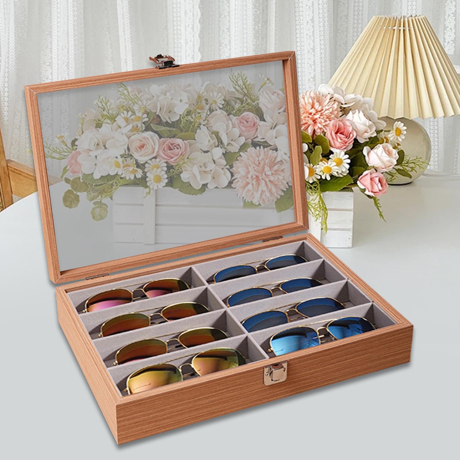 Brille Holzablage 8 Geteilte Fächer Brillenaufbewahrungsbox Sonnenbrillenorganizer Schmuckhalter Samt Innenfutter für Zuhause Studio Boutique