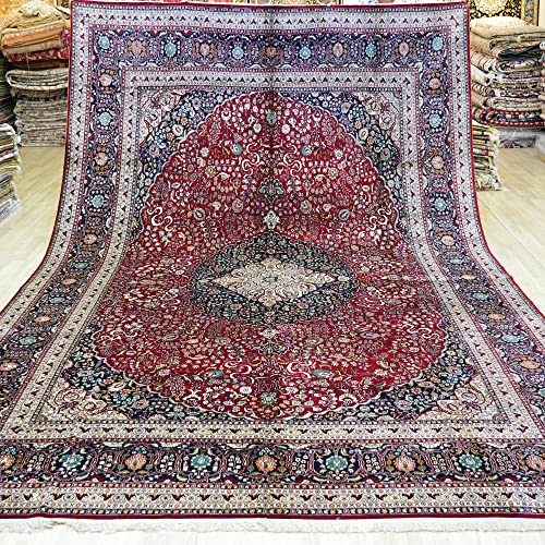 Yuchen Rug Silk Rug 10x14 Red Handmade Traditional Medallion Floral