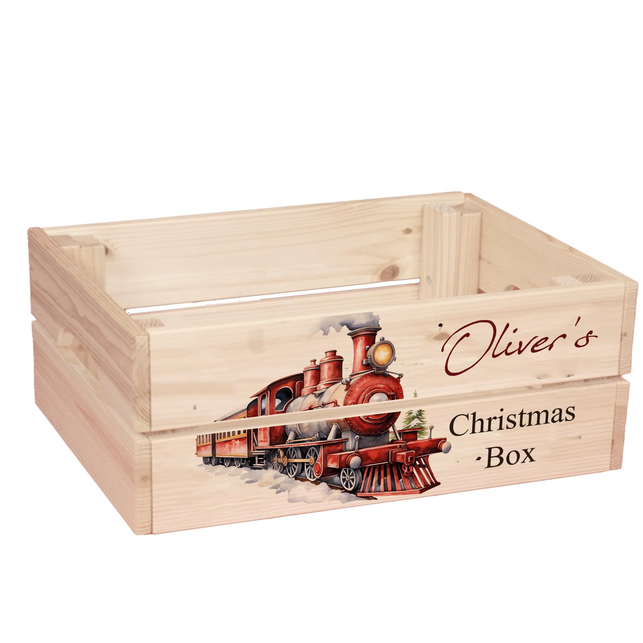 ukgiftstoreonline Personalised Christmas Eve Box with Santa, Trees, Reindeer, Snowman Designs, Wooden Storage Crate, 30.5 x 25 x 12 cm, Holiday Presentation Box with Side Handles (Locomotive-1)