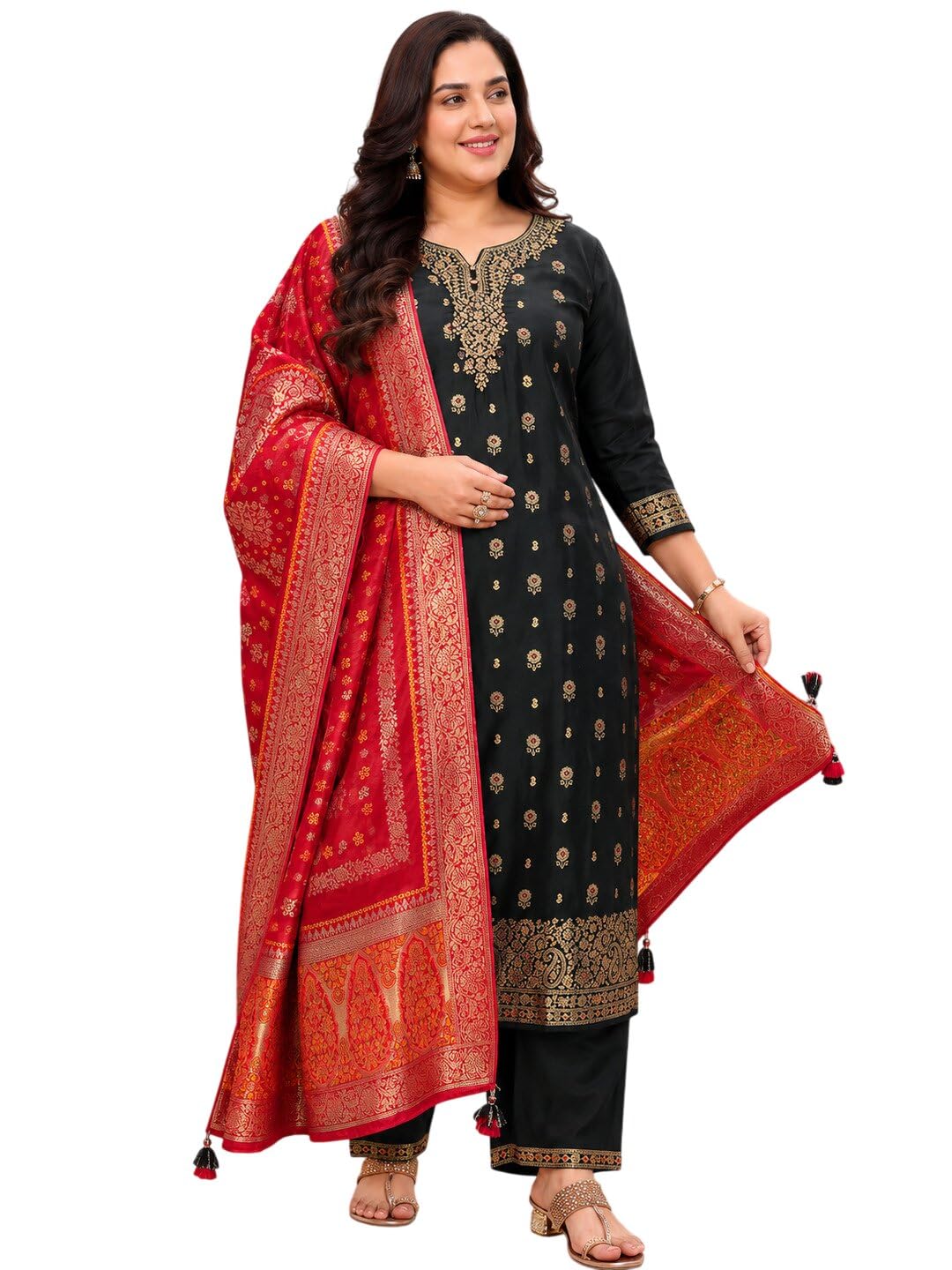 extra love by libas Plus Size Woven Design Silk Blend Straight Kurta With Trousers and Dupatta-picture-13