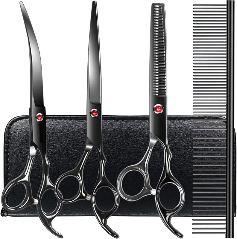 TINMARDA Dog Grooming Kit, Titanium Black Stainless Steel Dog Grooming Scissors with Curved Shears, Black Finger Rings - 4 Piece Sharp Durable Pet Shears for Dogs Cats At Home Salon-Quality Grooming