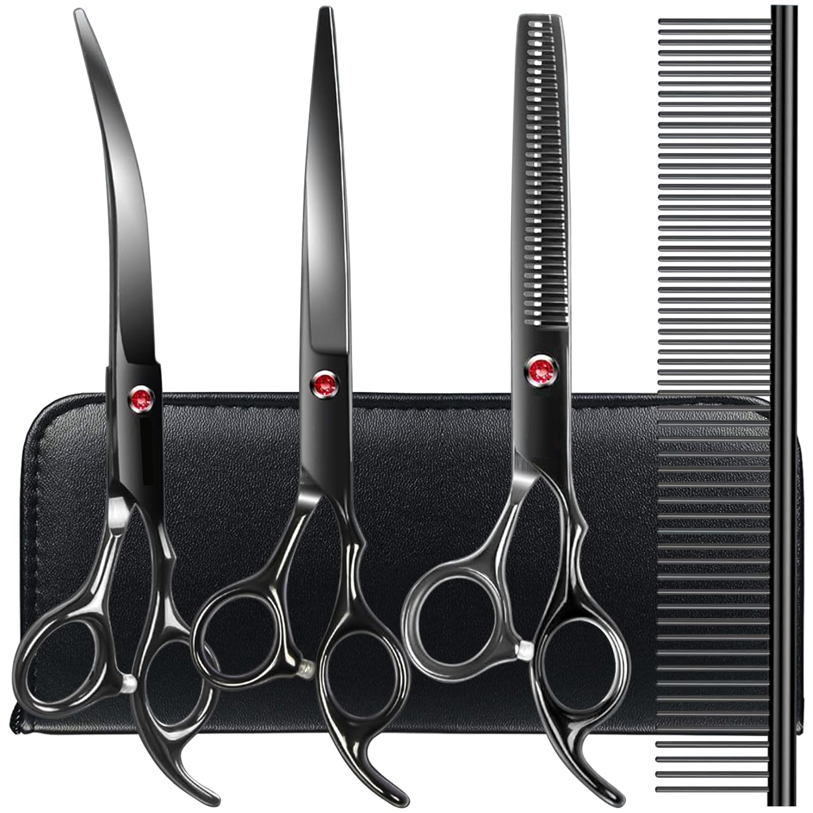 Professional Dog Grooming Scissors kit Black 5 in 1, Dog Shears for Grooming 6CR Premium Stainless Steel Grooming Scissors Kit for Dogs Cat Pet