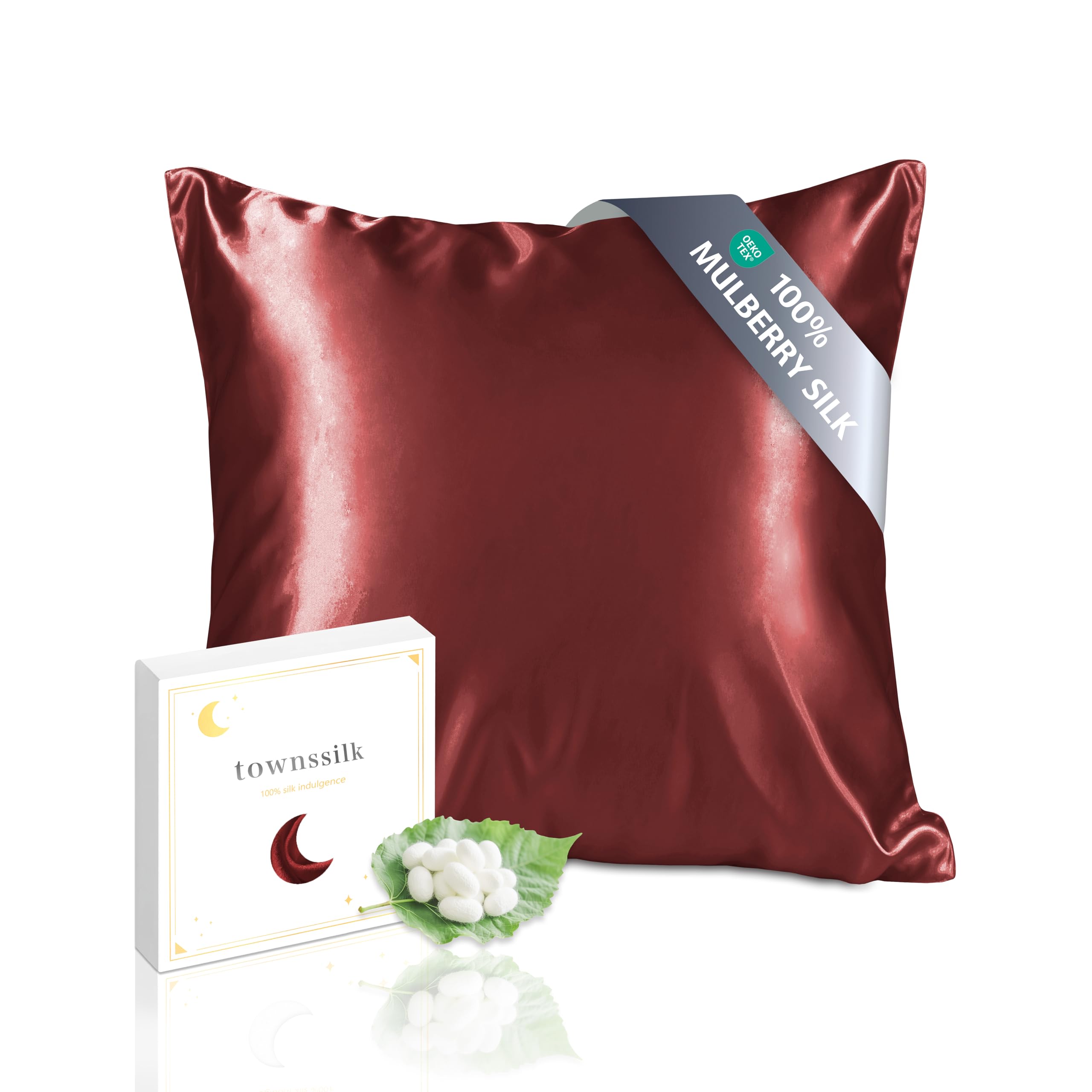 townssilk Silk Pillowcase 65x65cm – 100% Mulberry Silk, 19mm, Double-Sided Silk, Oeko-TEX Certified, 6A Grade, with Zipper, 1 Piece, Claret