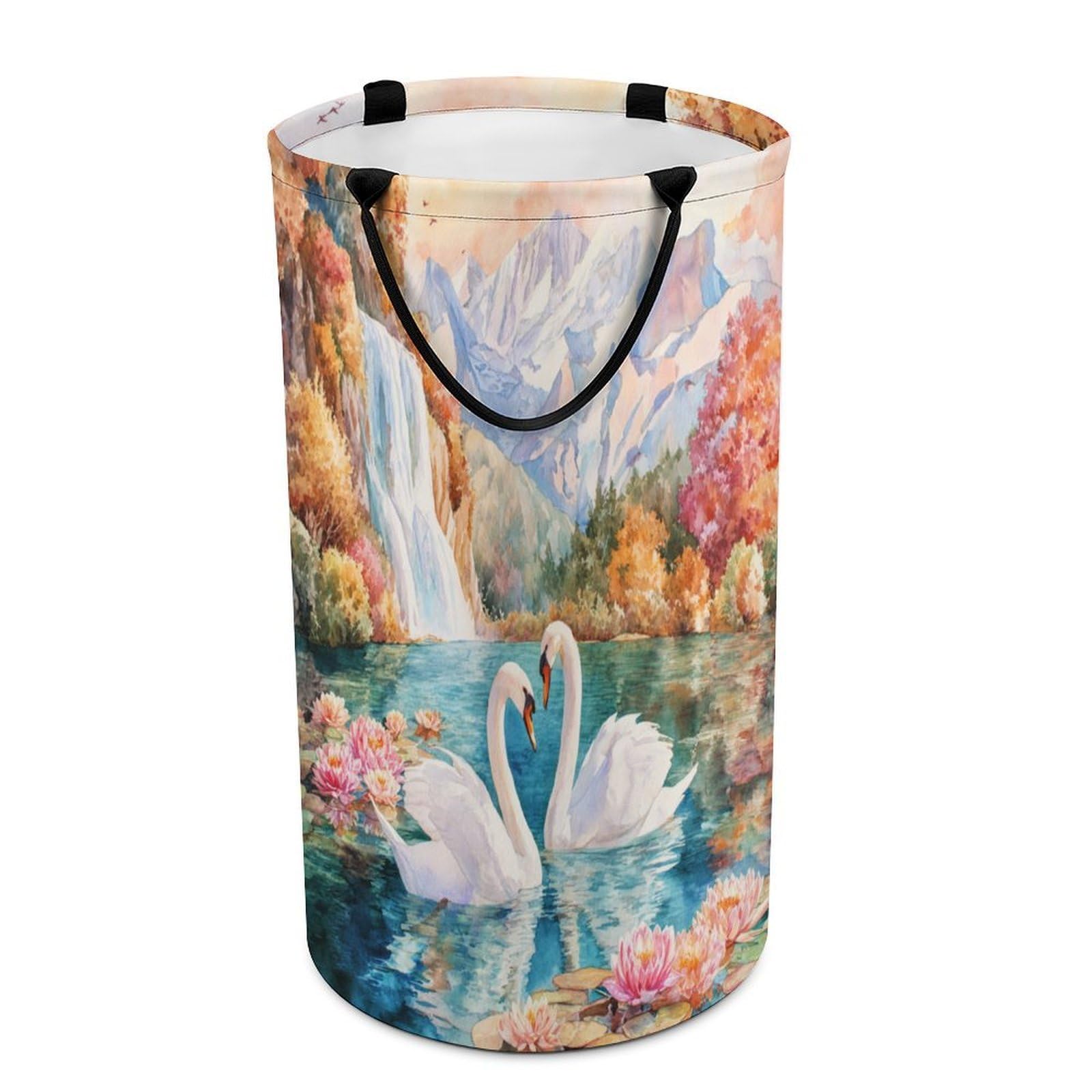 LUYYSKY Elegant Classic Swans Couple Collapsible Dirty Clothes Basket, Retro Watercolor Waterfall Plants Lotus Flowers Animals Swans Portable Clothes Storage Basket