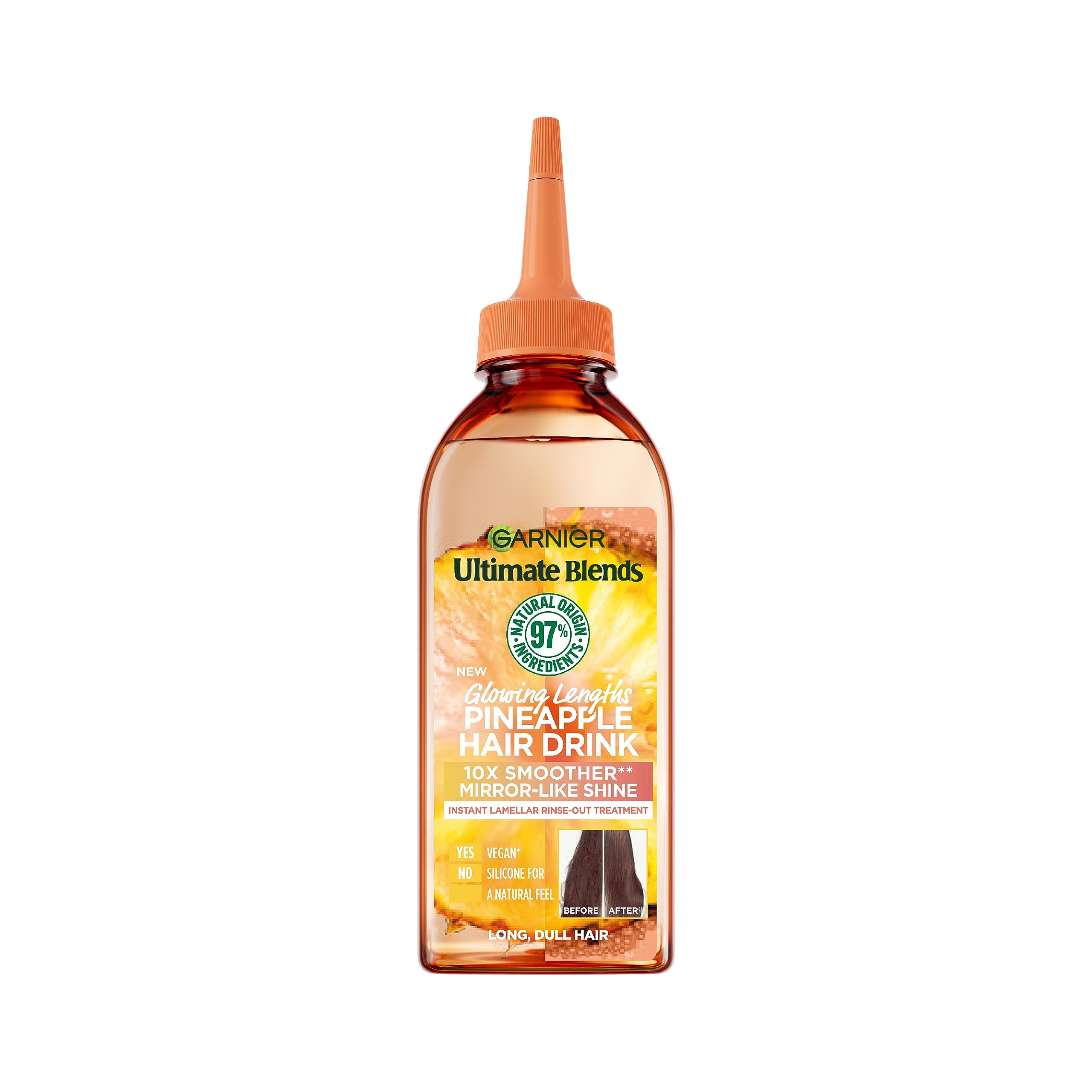 Garnier Instant Lamellar Water, Rinse-Out, Liquid Conditioner, For Long Dull Hair, Frizz Free, Mirror Like Shine, Ultimate Blends Glowing Lengths Pineapple, Hair Drink, 200ml