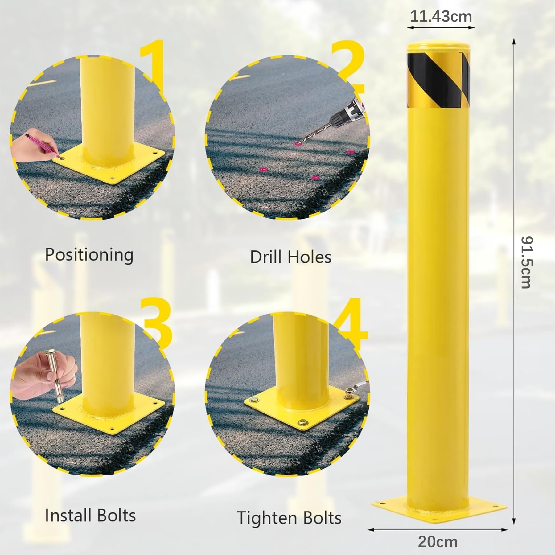 Garvee Barrera de seguridad industrial - Lote de 2 postes de acero amarillo con recubrimiento en polvo - Protección robusta para almacén, estacionamiento, acera - Incluye 8 pernos de anclaje, H: 91 cm