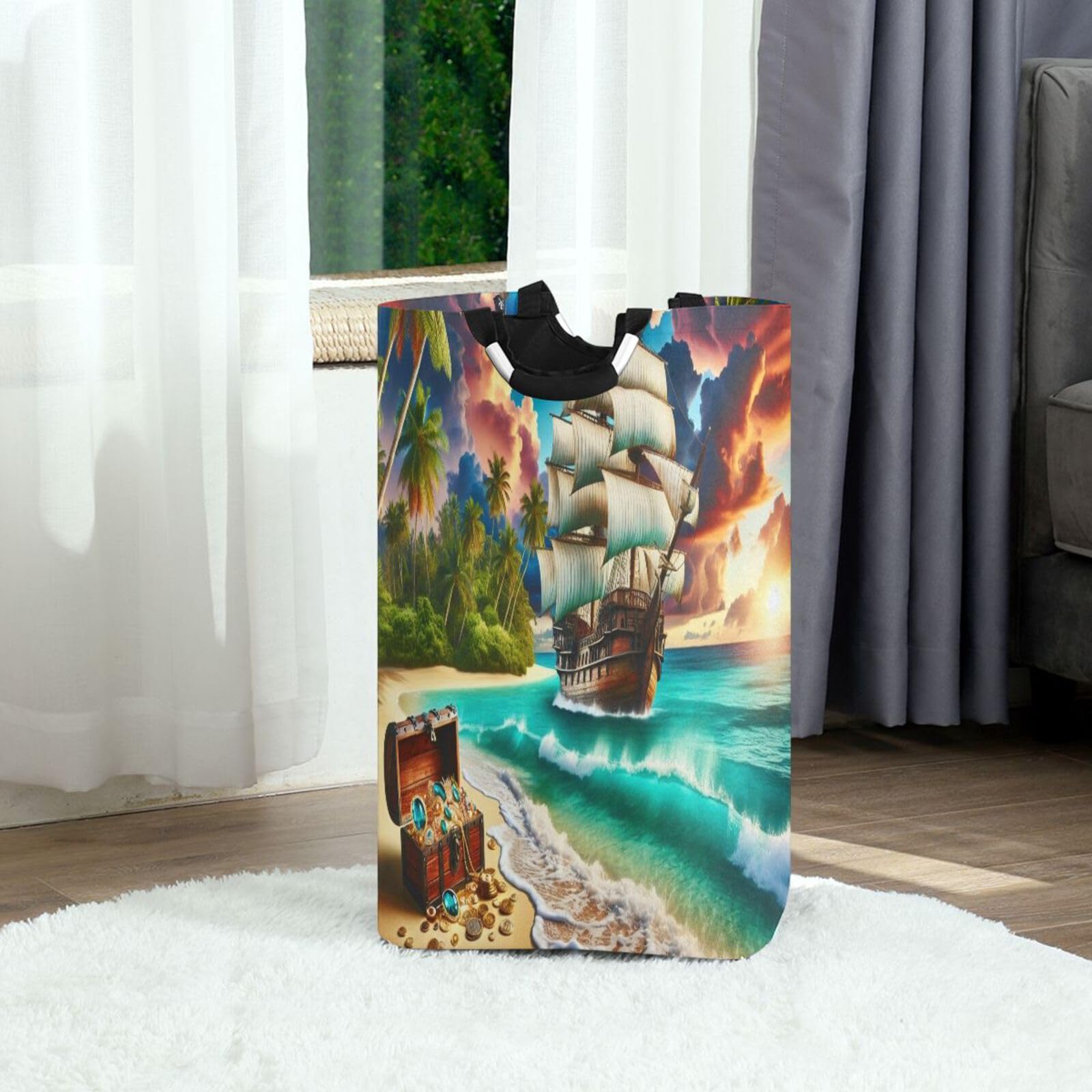 Jihqo Laundry Hamper Basket Sea Pirate Ship Collapsible Nursery Storage Bin Waterproof Clothing Baskets for Home Bedroom Bathroom Washing Room