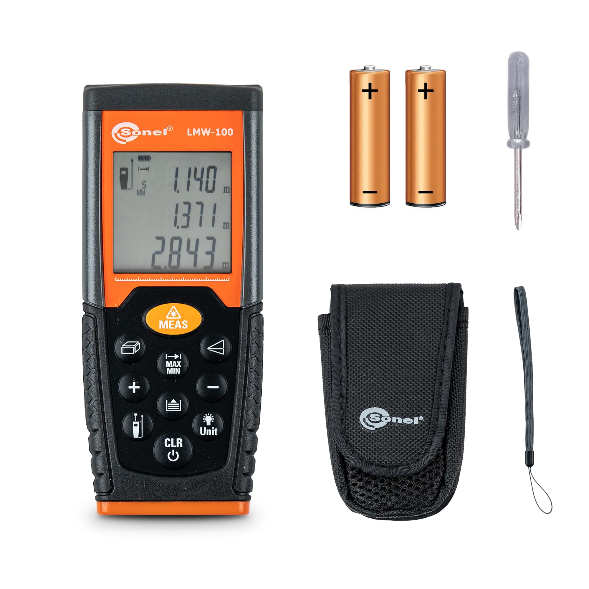 SONEL Professionelles Lasermessgerät LMW-100, Schutz IP 54, Bereich 0,05...100 m / 0,16...328 ft, LCD-Display, Berechnung der Fläche, Volumen