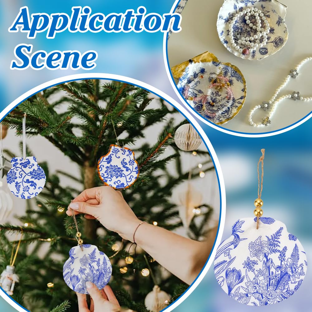 PH PandaHall 12 Set Kit Decoupage Conchiglie di Capesante Grandi Conchiglie Naturali con 24pz Carta per Decoupage 10m Corda 2pz Pennelli 30pz Perline Dorate per Artigianato Fai Da Te
