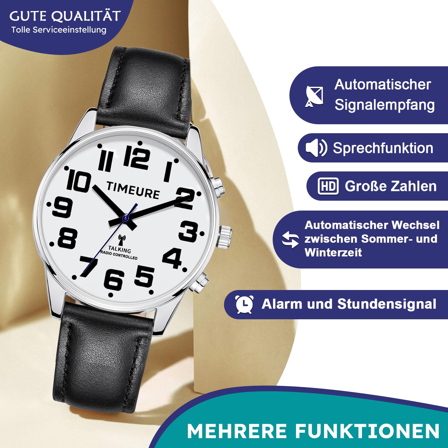 TIMEURE-2309M Sprechende Herren-Funkarmbanduhr mit Analoganzeige | Sprachansage von Uhrzeit und Datum. Automatische Zeitkalibrierung. Alarm und einstellbarer Stundenschlag.