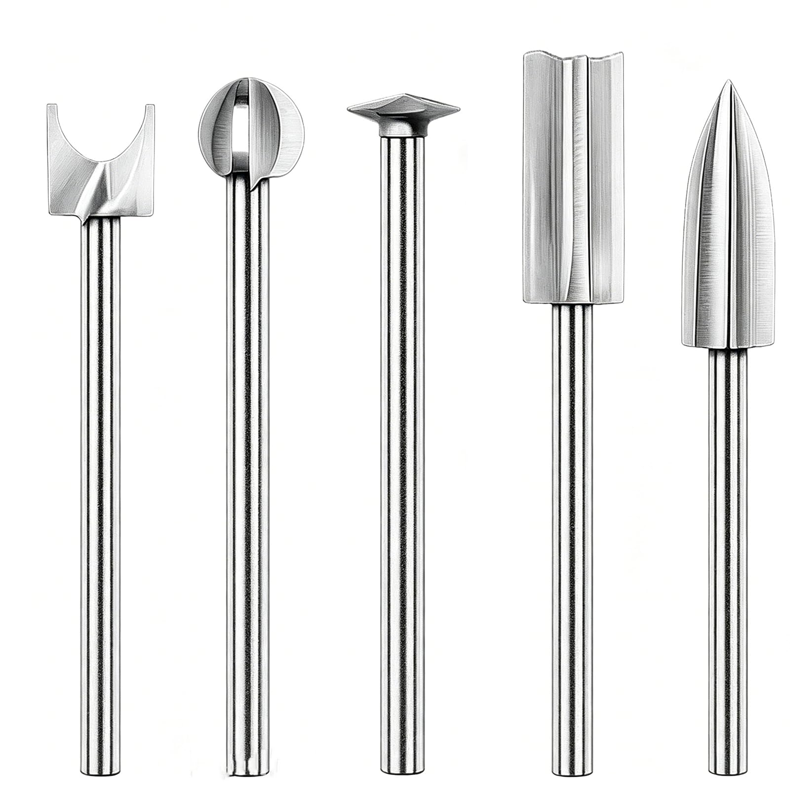Anhoer 5Pcs Wood Carving Bits Set, 1/8" (3mm) Shank & 1/3" Head High Speed Steel Rotary Burr, Woodworking Router Drill Bits Accessories for Dremel, DIY Micro Engraving, Sculpting & Root Carving