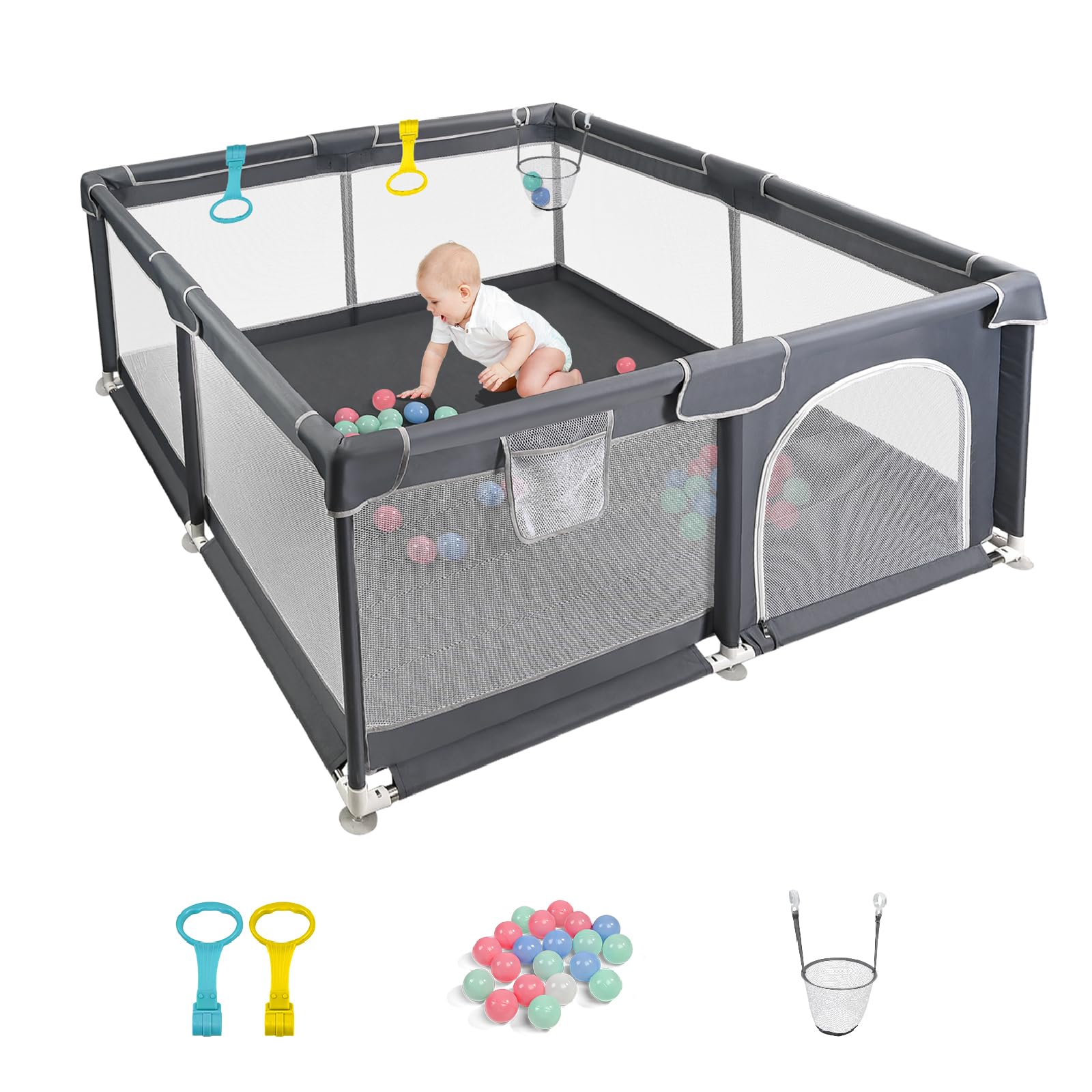 CHOLY Baby Playpen for Babies and Toddlers, Durable Play Pen with Visible Breathable Mesh, Foam Protection, Easy to Assemble Infant Fence -128 ร128cm (Dark Grey, 128 x 128cm)