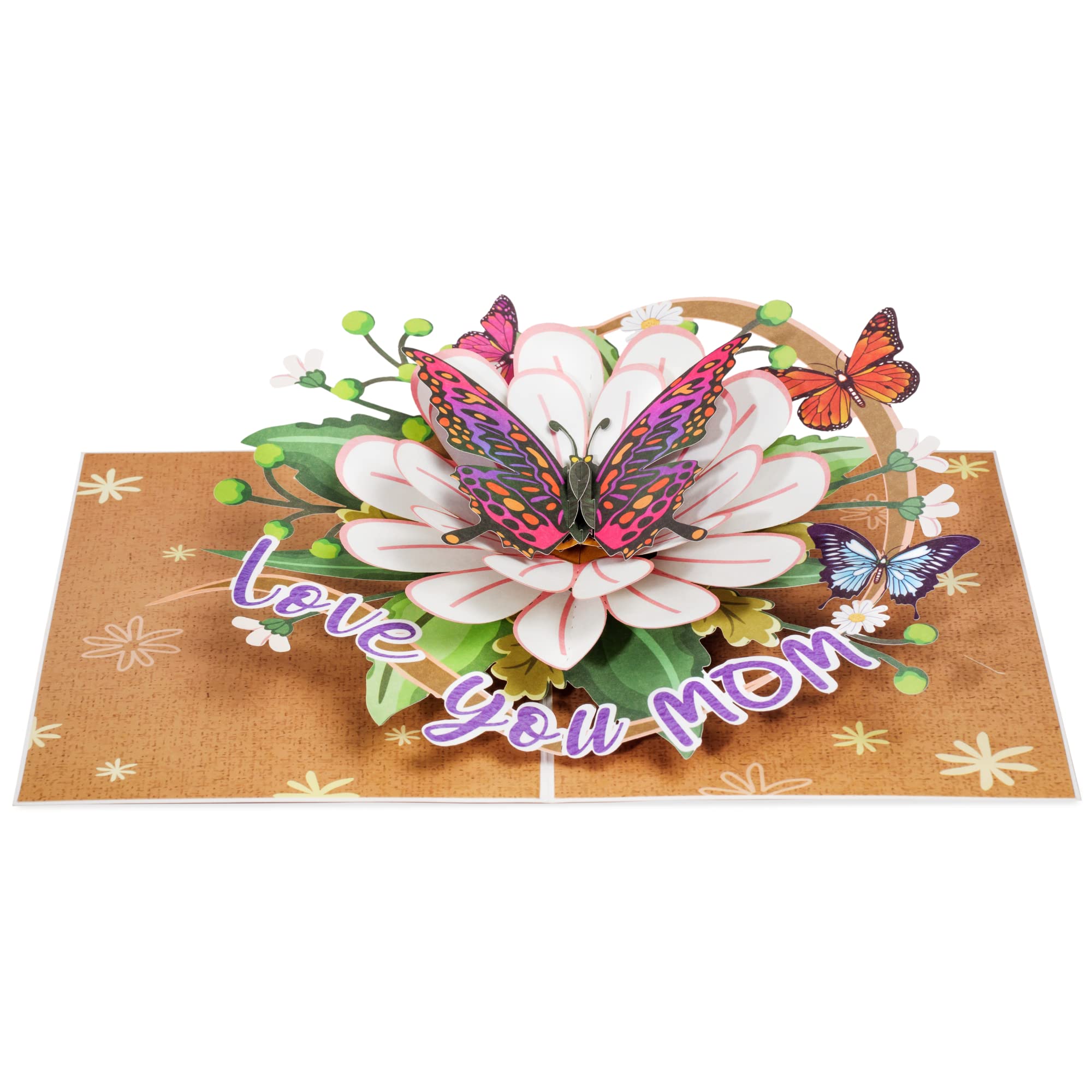 Paper Love Frndly - Tarjeta 3D desplegable para el Día de la Madre, mariposas, texto “Love You Mom”, hecha a mano, 100 % reciclada y ecológica, 20 x 15 cm, con etiqueta para notas