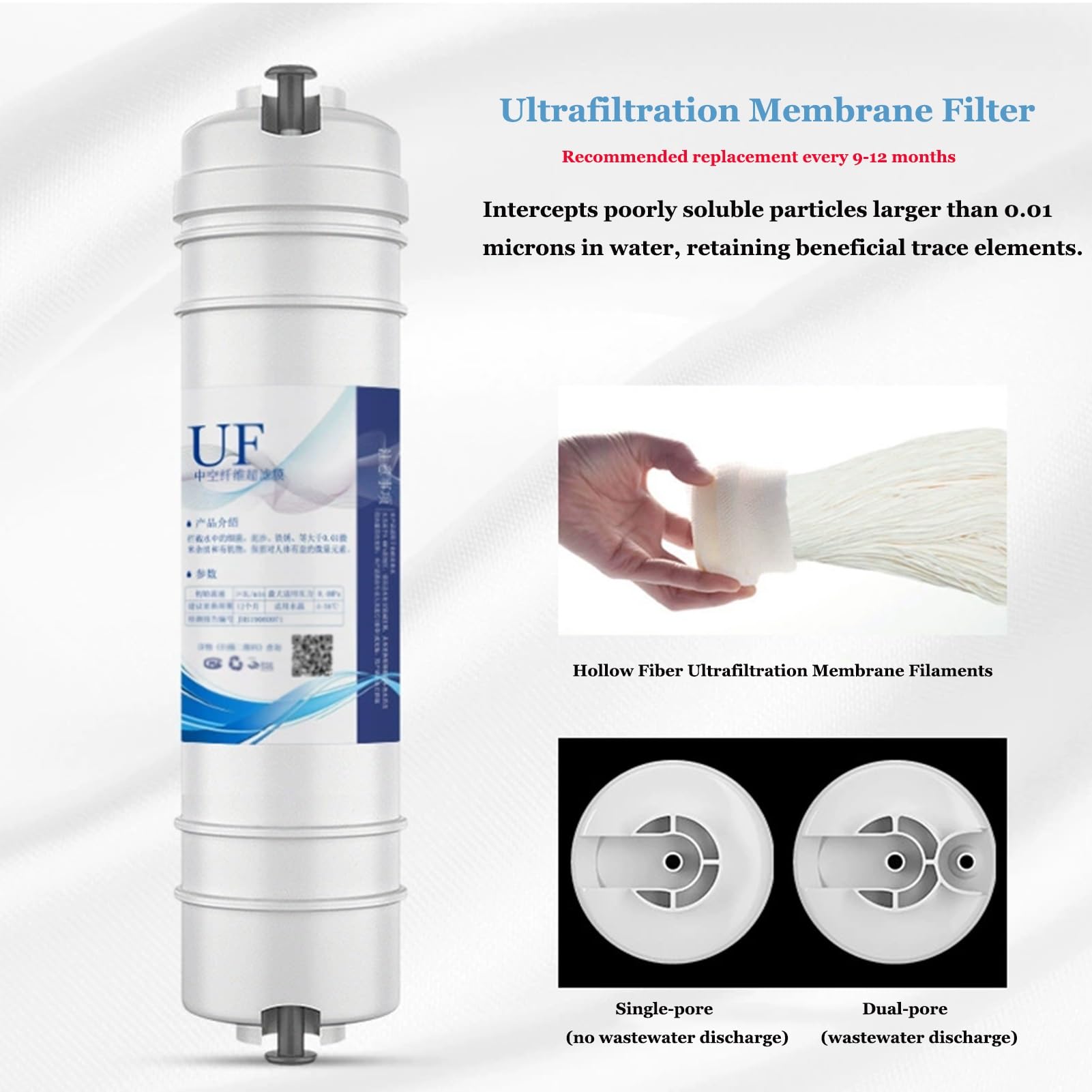 Lot 4 cartouches rechange pour filtre à eau UF 0,01 µm, cartouche filtrante à membrane d'ultrafiltration à connexion rapide, pour filtre à eau sous évier 25 cm (10 pouces)