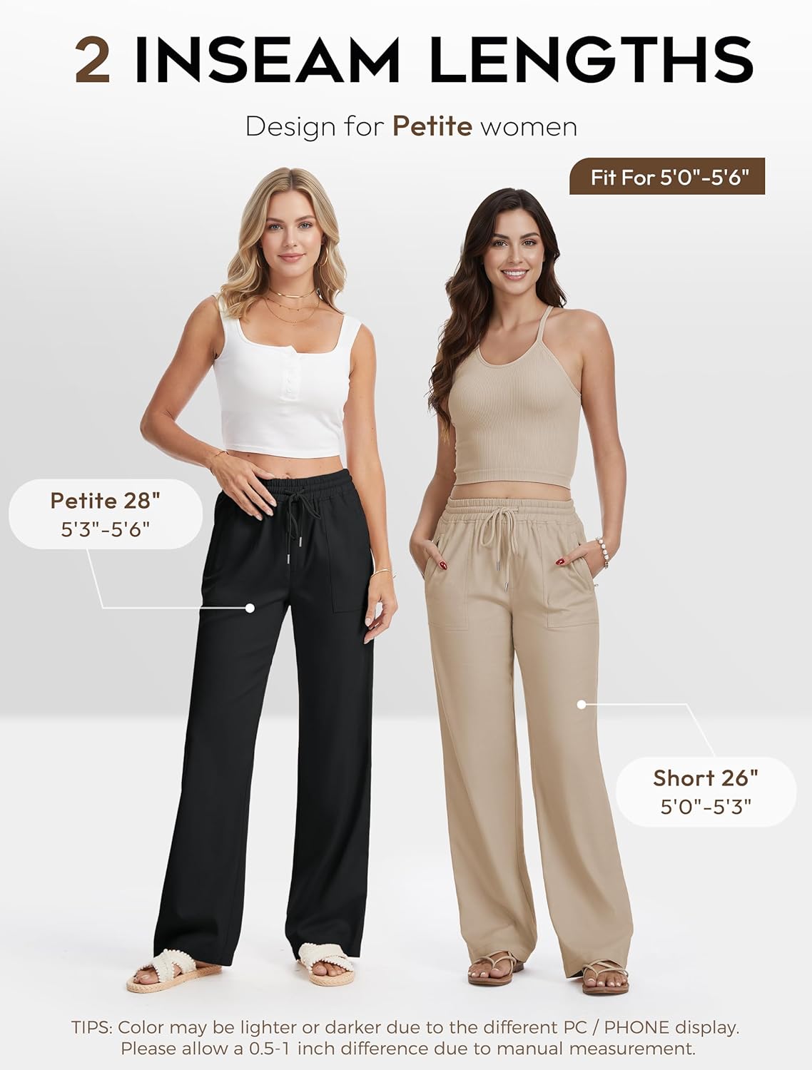 Petite Women Casual Linen Pants 26"/28" Wide Leg Drawstring Waist Lounge Beach Summer Trousers with Pockets - Image 4