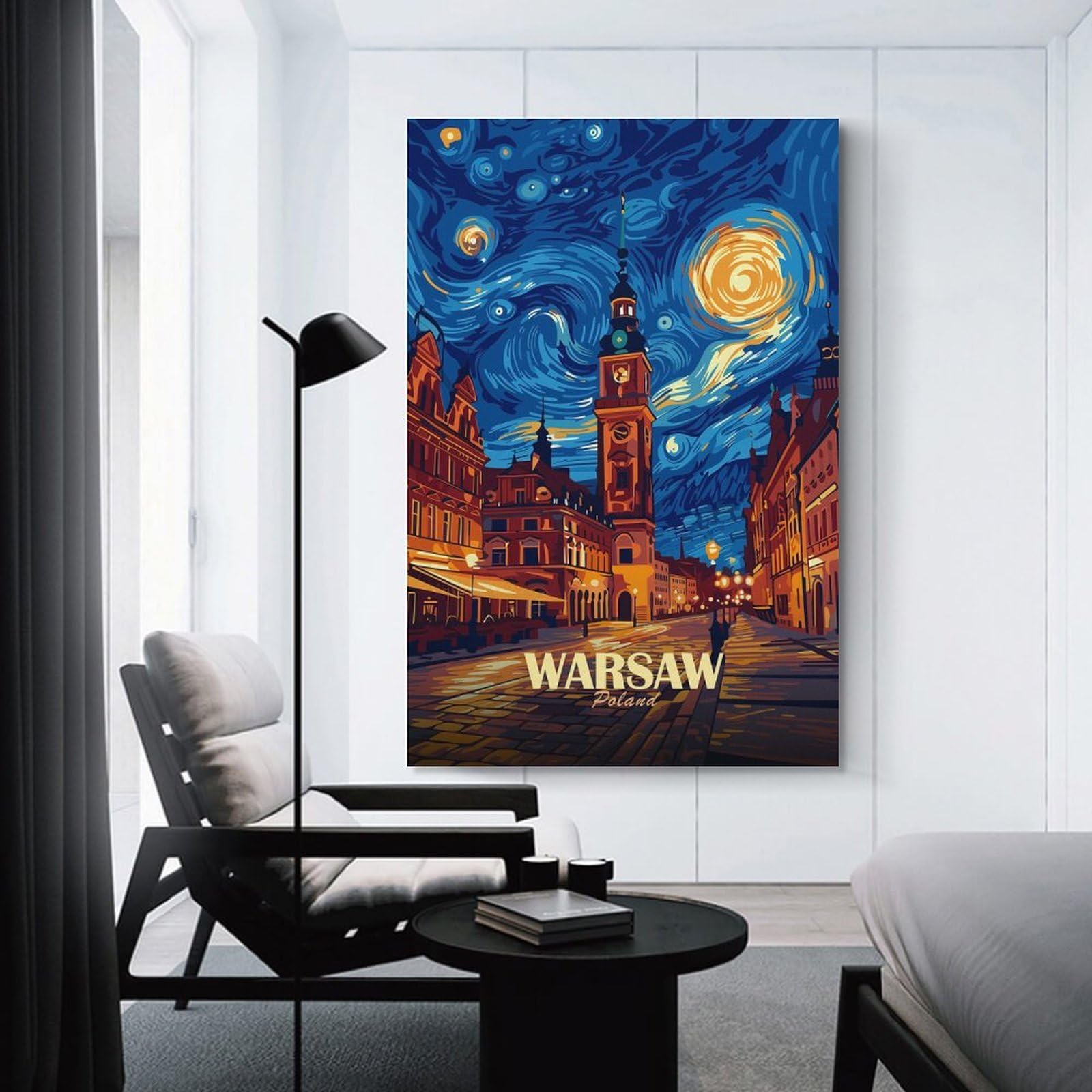 Junmoney Warsaw Poland Starry Night Art Canvas Wall Decor, 08x12inch(20x30cm), for Home Lounge, Bedroom Or Reading Nook, Modern Wall Decor for Cosy Interiors