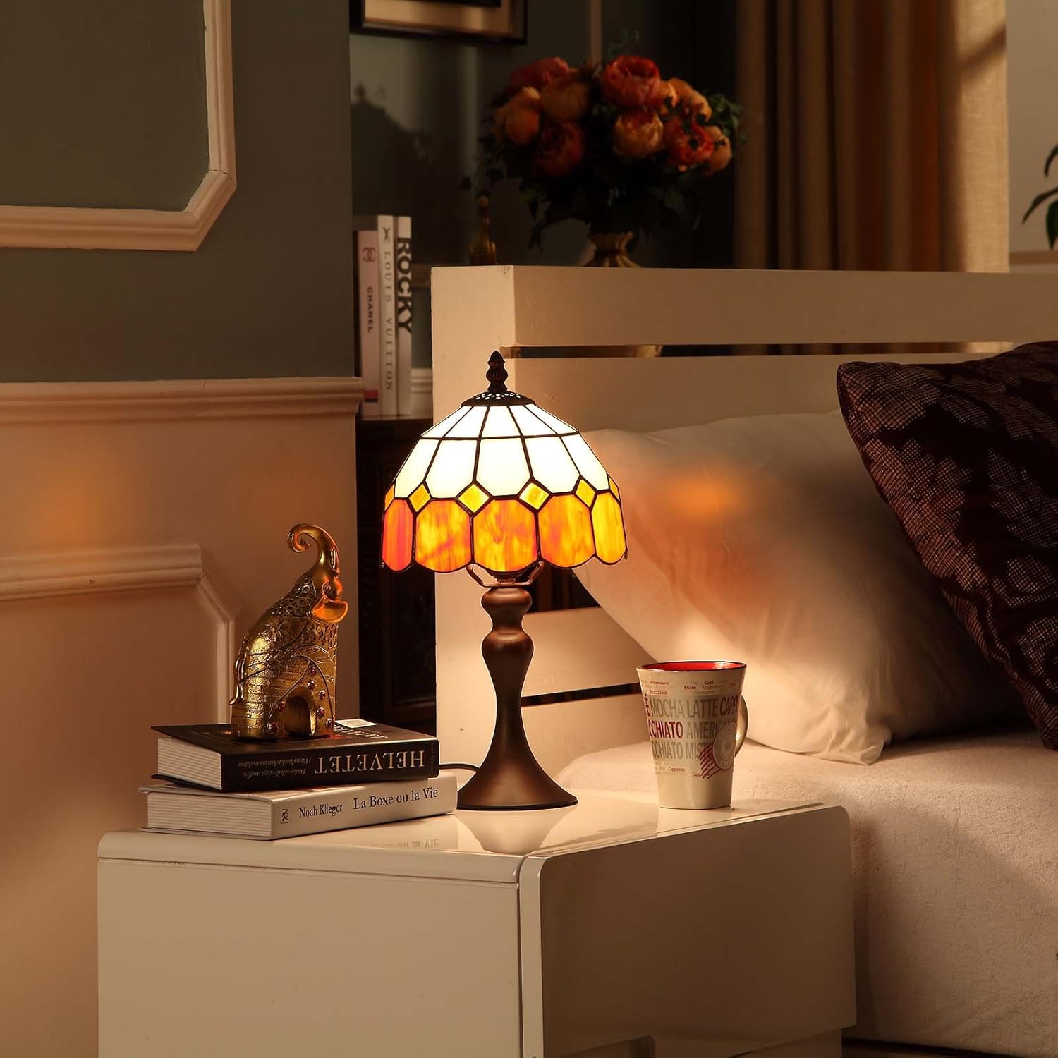 Bieye L10470 Mediterranean Tiffany Style Stained Glass Table Lamp with Metal Base Orange Lampshade, 8" W x 15" H