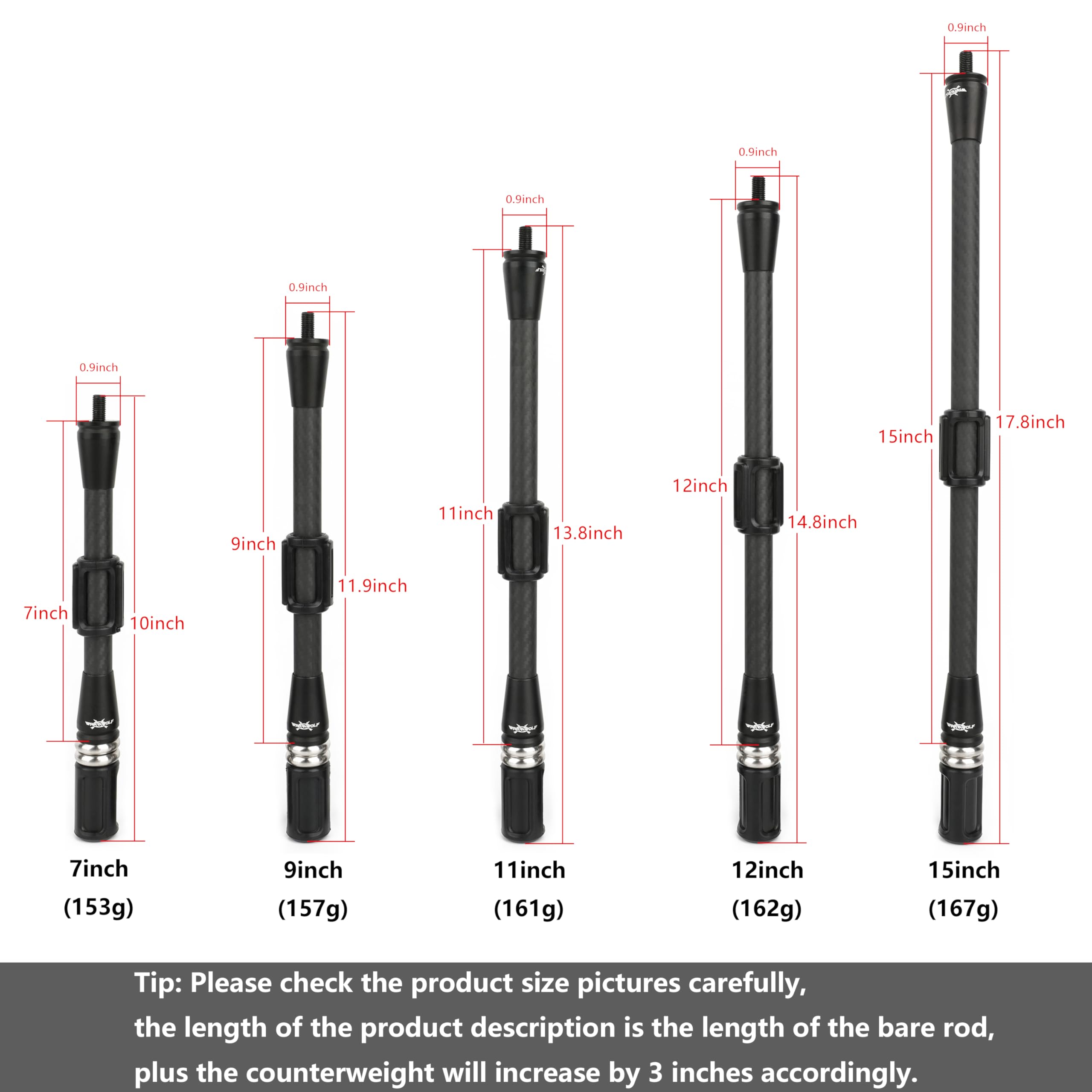 Estabilizador de arco de 7/9/11/12/15 pulgadas Bow Balance Bar Carbon Fiber Stalizer Rod Extension Pole Rod Bow Stabilizer Weight Silencer Damping para arco recurvo y arco compuesto