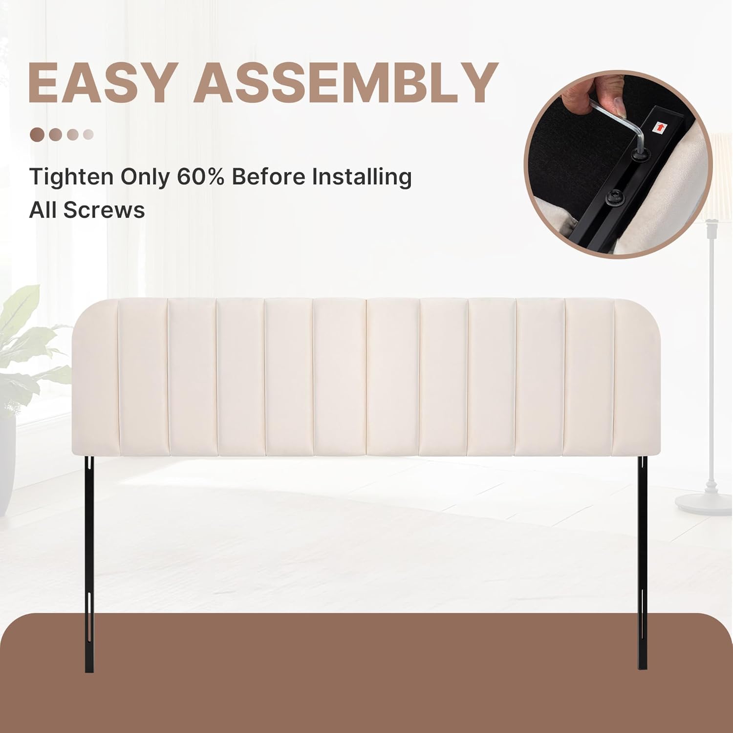 King Headboard Only - Upholstered Headboard for Bed, Easy Assembly, Velvet Covered Sponge, Place Between Bed & Wall, Adjustable Metal Legs with Non-Slip Pads, Beige
