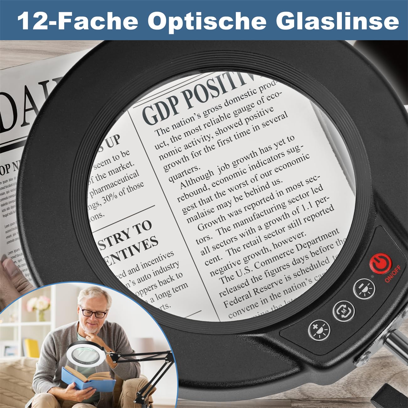 12X Stehlampe Lupe mit Licht und Ständer, 3-in-1 Flexible Schwenkarm Boden LED Lupenleuchte, 5 Farbmodus Stufenlos Dimmbar Leselupe, Freisprech Vergrößerungsboden zum Senioren Hobby