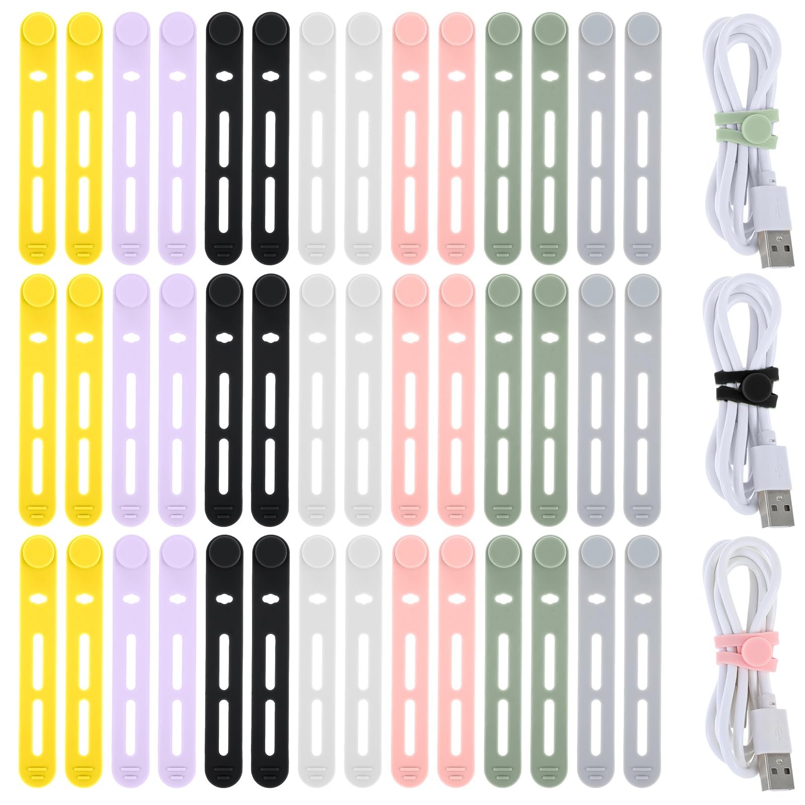 42 PCS Silicone Cable Ties Reusable, Colorful Silicone Reusable Cable Ties Data Cables Organizer for Office, Multipurpose Elastic Cables Zip Wire Tie for Bundling Fastening Earphone Phone Charger Home