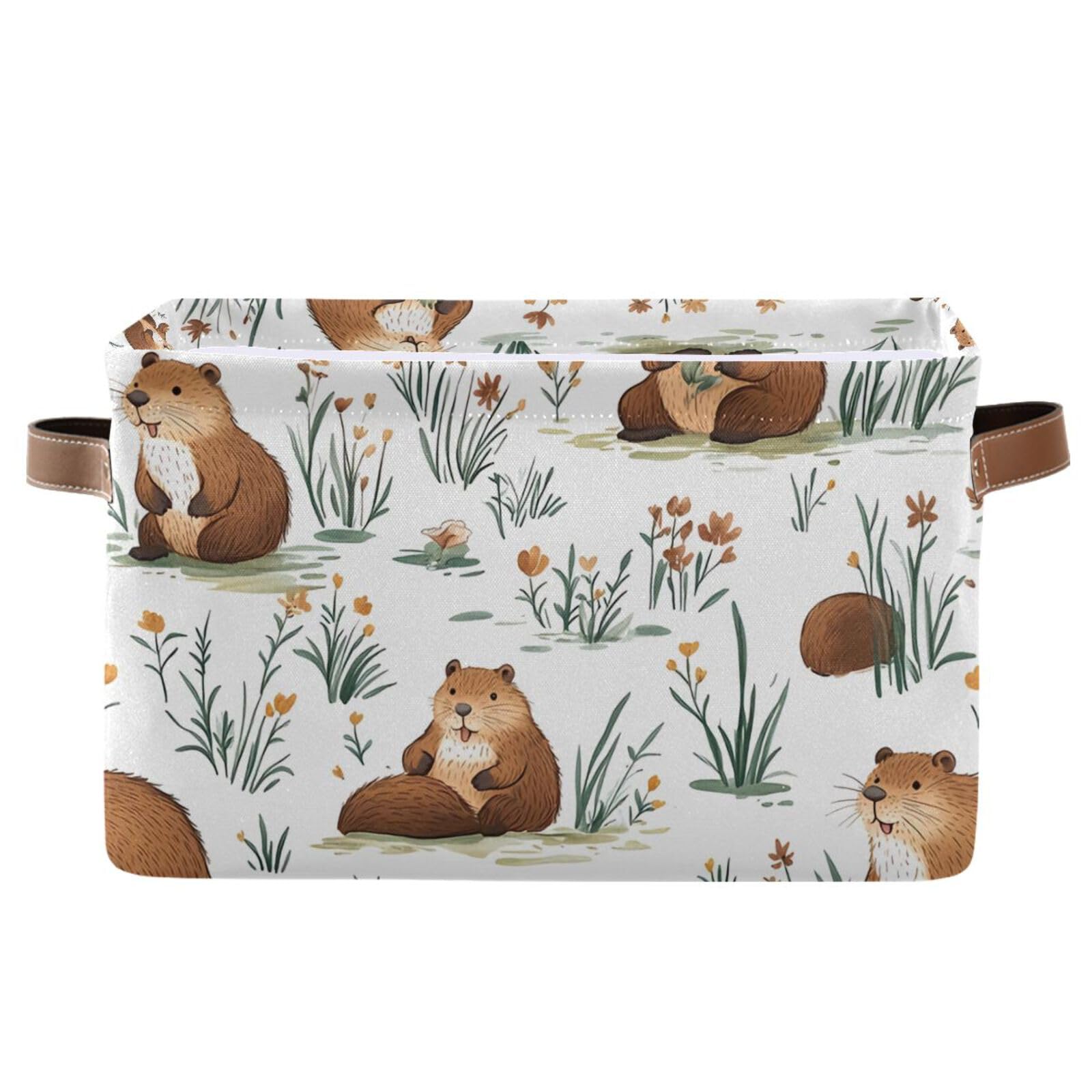 PaChyLuu Playful Beavers Storage Basket Bin Canvas Fabric Organizer Toys Basket with Handles for Home Office Nursery, Clothes, Gifts, 1 Pcs