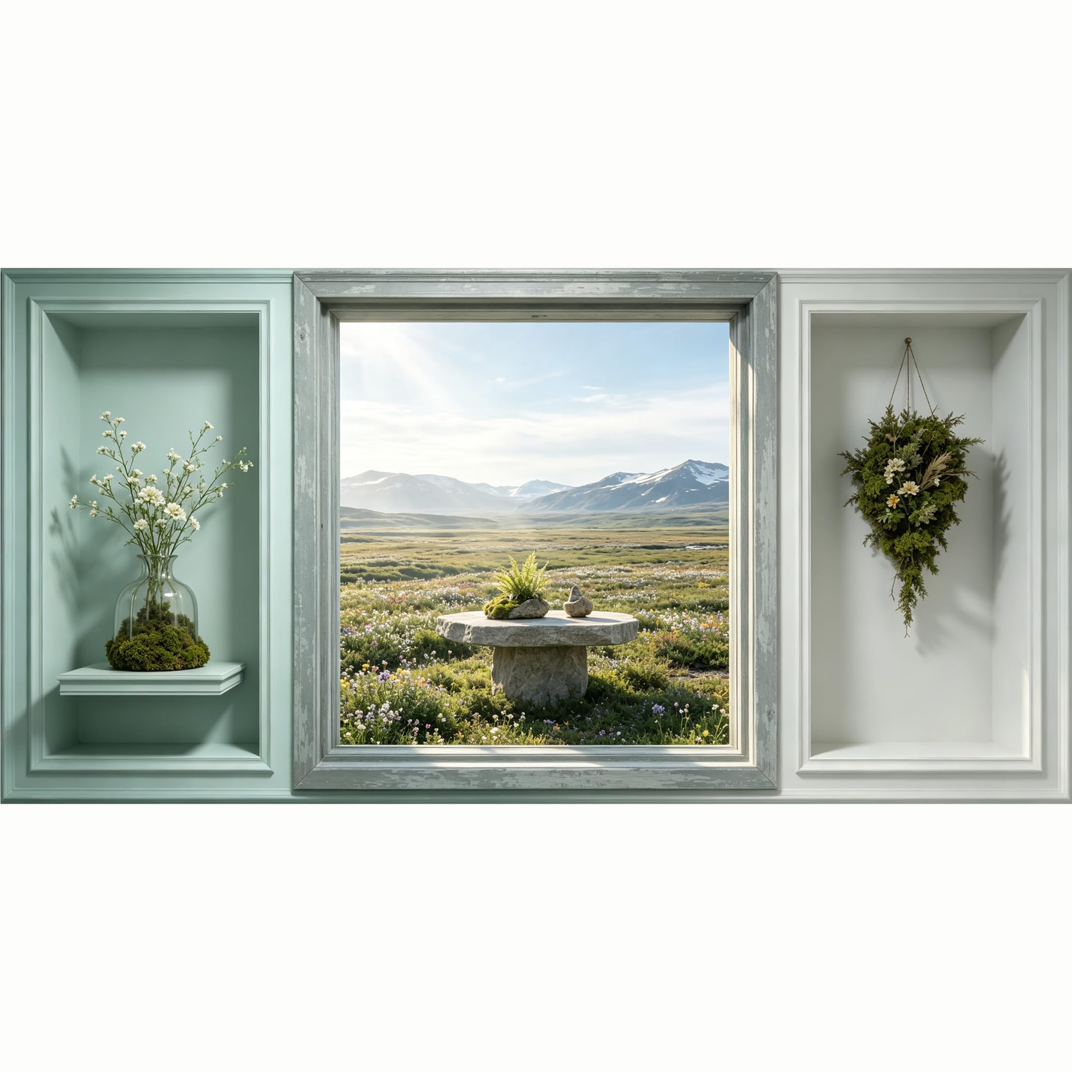 QZLITHOTIC 50x100cm 3D Framed Wall Art， Mountain Meadow Landscape Botanical 3D Trompe l'oeil Self‑Adhesive Mural， Water‑Activated Peel & Stick Fabric Decor Wall Decal for Bedroom Living Room