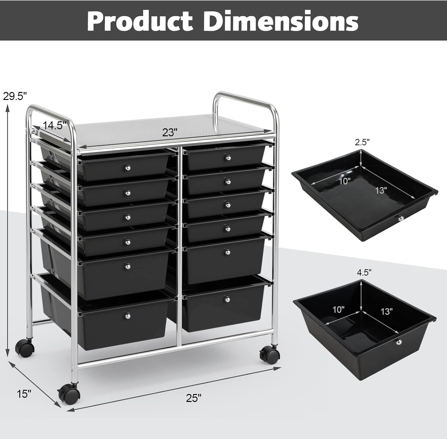 Giantex 12-Drawer Rolling Storage Cart, Multipurpose Movable Organizer Cart, Utility Cart for Home, Office, School (Black) - Image 3