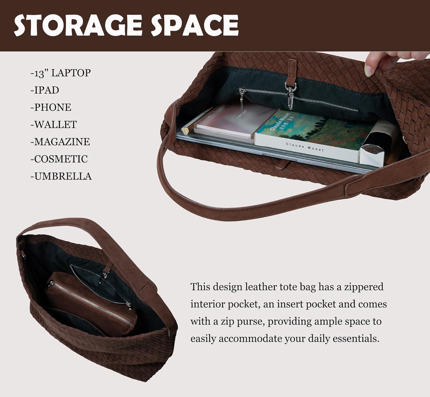 Leather Woven Tote Bag for Women, Vintage Suede Woven Hobo Bag, Large Crossbody Shoulder Slouchy Handbag - Image 5