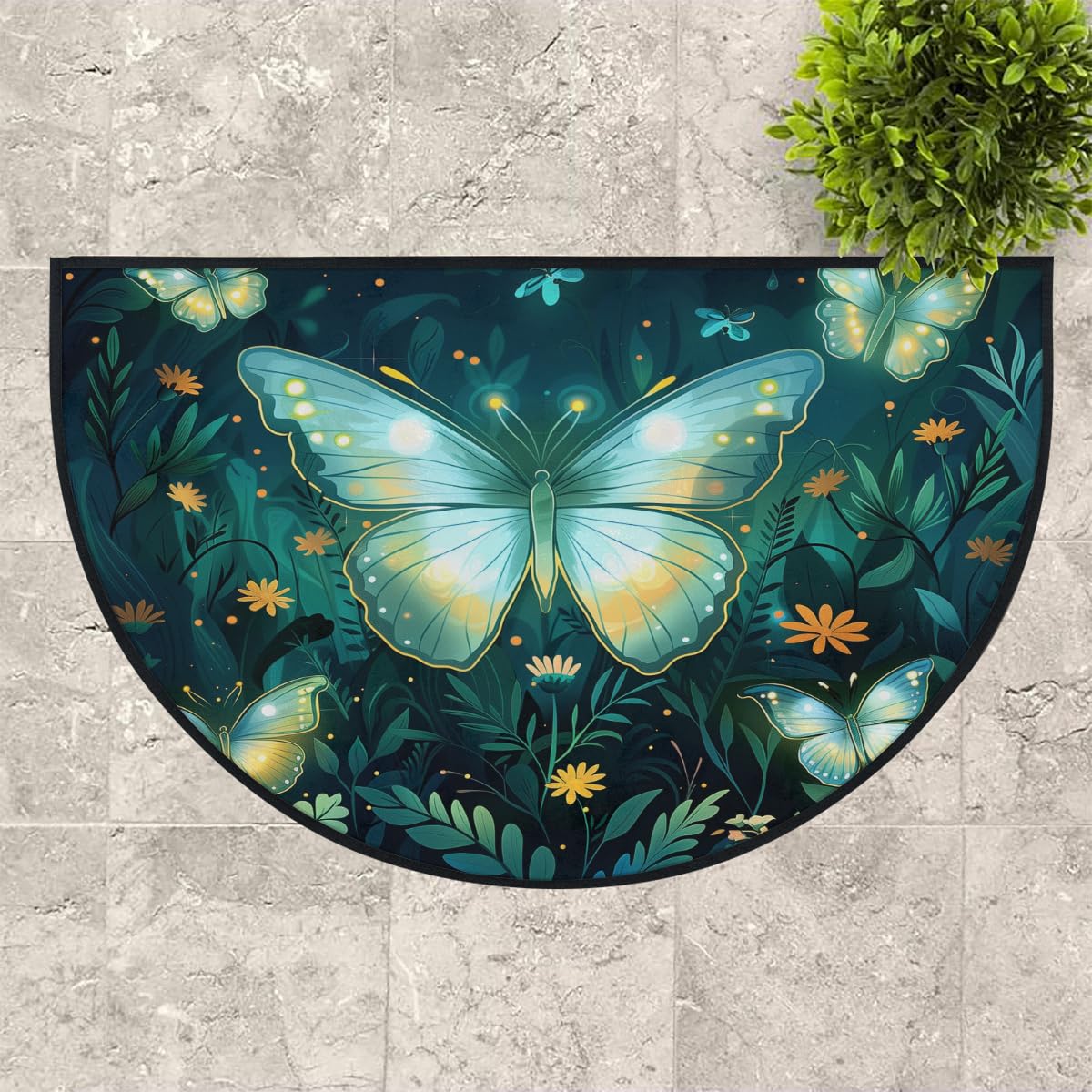 Mexpekil Paillasson demi-rond en forme de demi-lune pour intérieur et extérieur - Lavable - Absorbant la saleté - Motif papillons - 100 x 160 cm