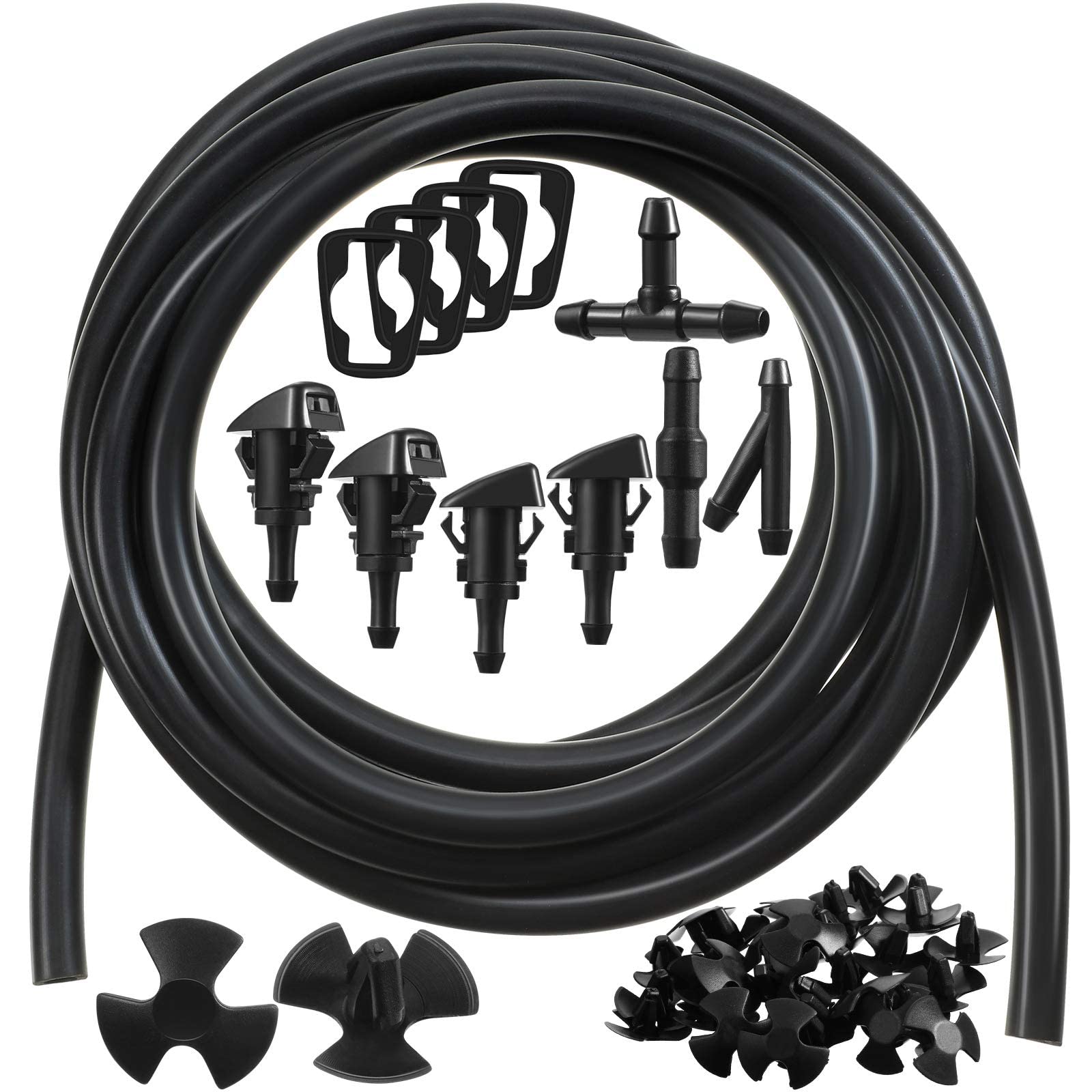 JCE Windshield Washer Hose Nozzles Kit, Windshield Washer Spray Nozzle 4 Meters Fluid Hose Connector Rubber Gasket with 30 Pieces Hood Insulation Retainers, Compatible with Chrysler Dodge Jeep Ram