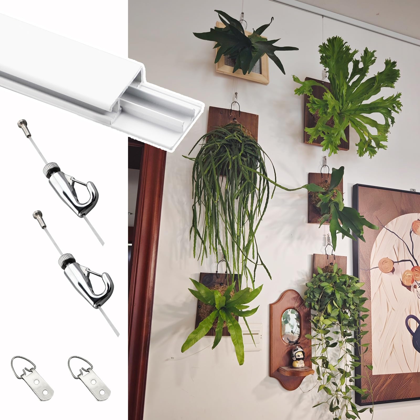 Système de suspension pour tableaux et plantes en pot, kit mural complet avec cordons en nylon transparents multifonctionnels et crochet réglable, décoration de salon (câble de 1,5 m, longueur de 12