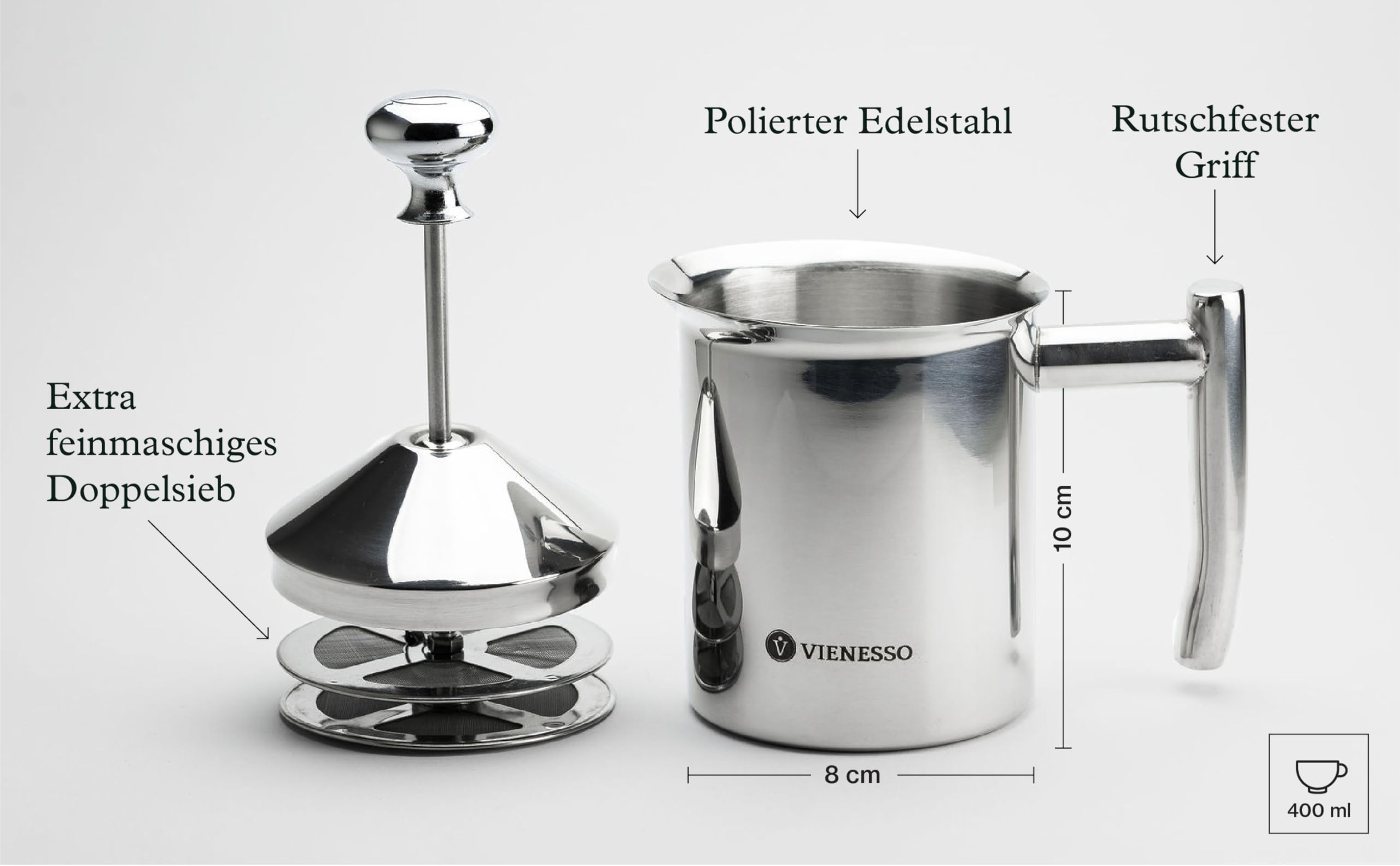 Milchaufschäumer manuell aus Edelstahl I Hand Milchschäumer mit Doppel-Mesh-Sieb für cremigen Milchschaum I 400 ml Milk Frother für Cappuccino & Latte – spülmaschinenfest inkl. Barista E-Book