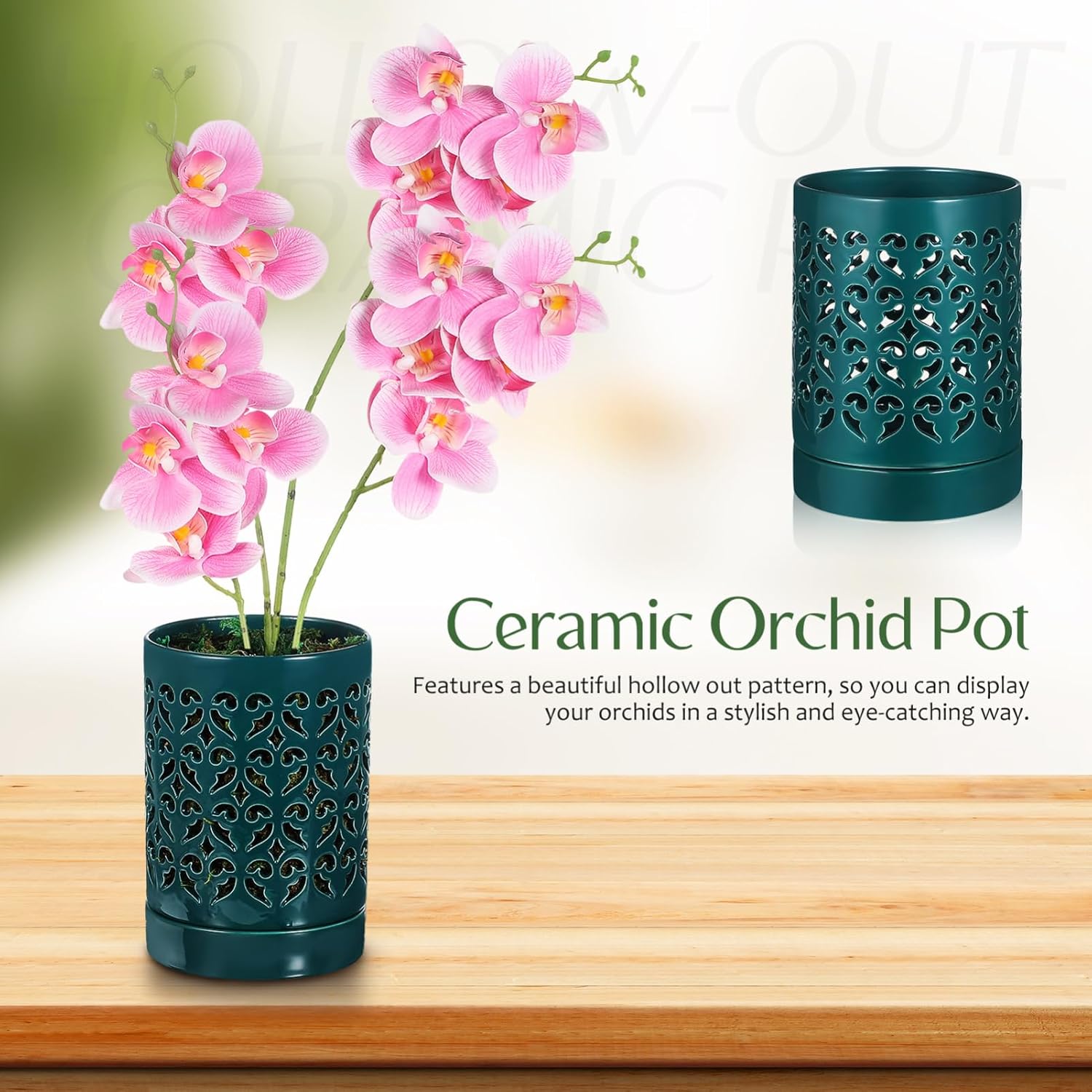 SUPVOX Ceramic Orchid Pot with Drainage Holes and Saucer 4.13 Inch Hollow Out Planter Pot for Indoor Plants Gardening and Orchid Care