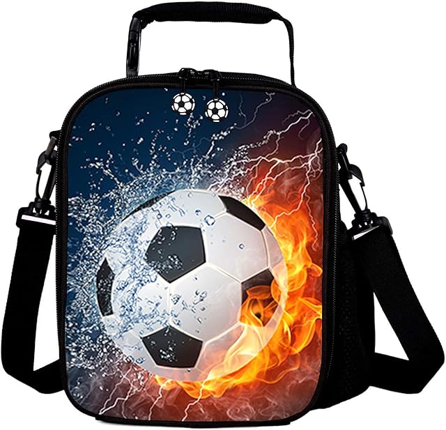 GOXUNYUAN Kids 3D Football Printed Lunch Bags Reusable Cooler Warm Tote Lunch Box with Drink Bottle Holder Children Portable Shoulder Strap Thermal Picnic Bags for Boys Girls Red