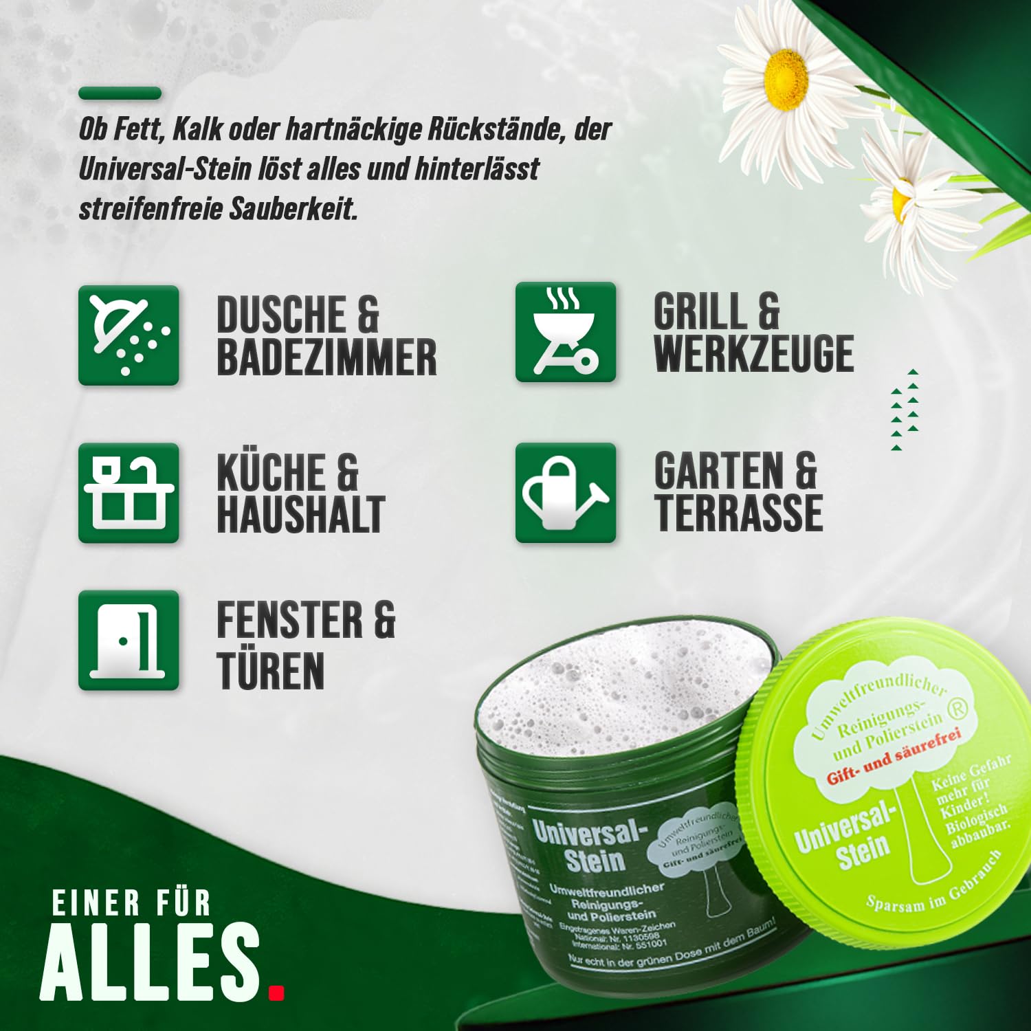 Zielinsky Universal-Stein, grüner Stein, Putzstein, Reinigungsstein - Haushaltsdose, 1er Pack (1 x 900 g + 2 gratis spezial Schwämme)